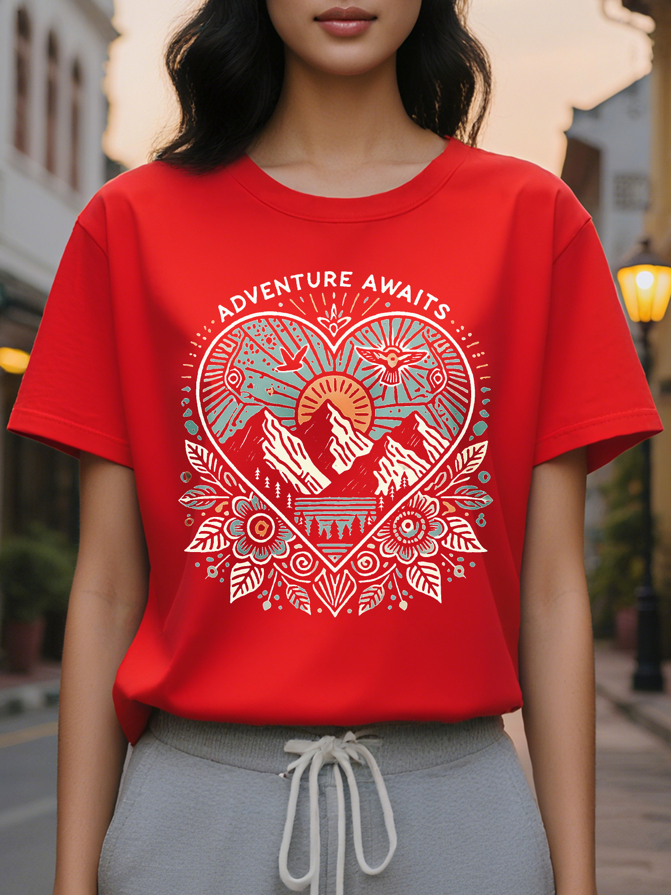 Women S Black Graphic T-Shirt Awaits Heart Mountain Sunset Design with Floral Patterns Soft Everyday Tee for Travel