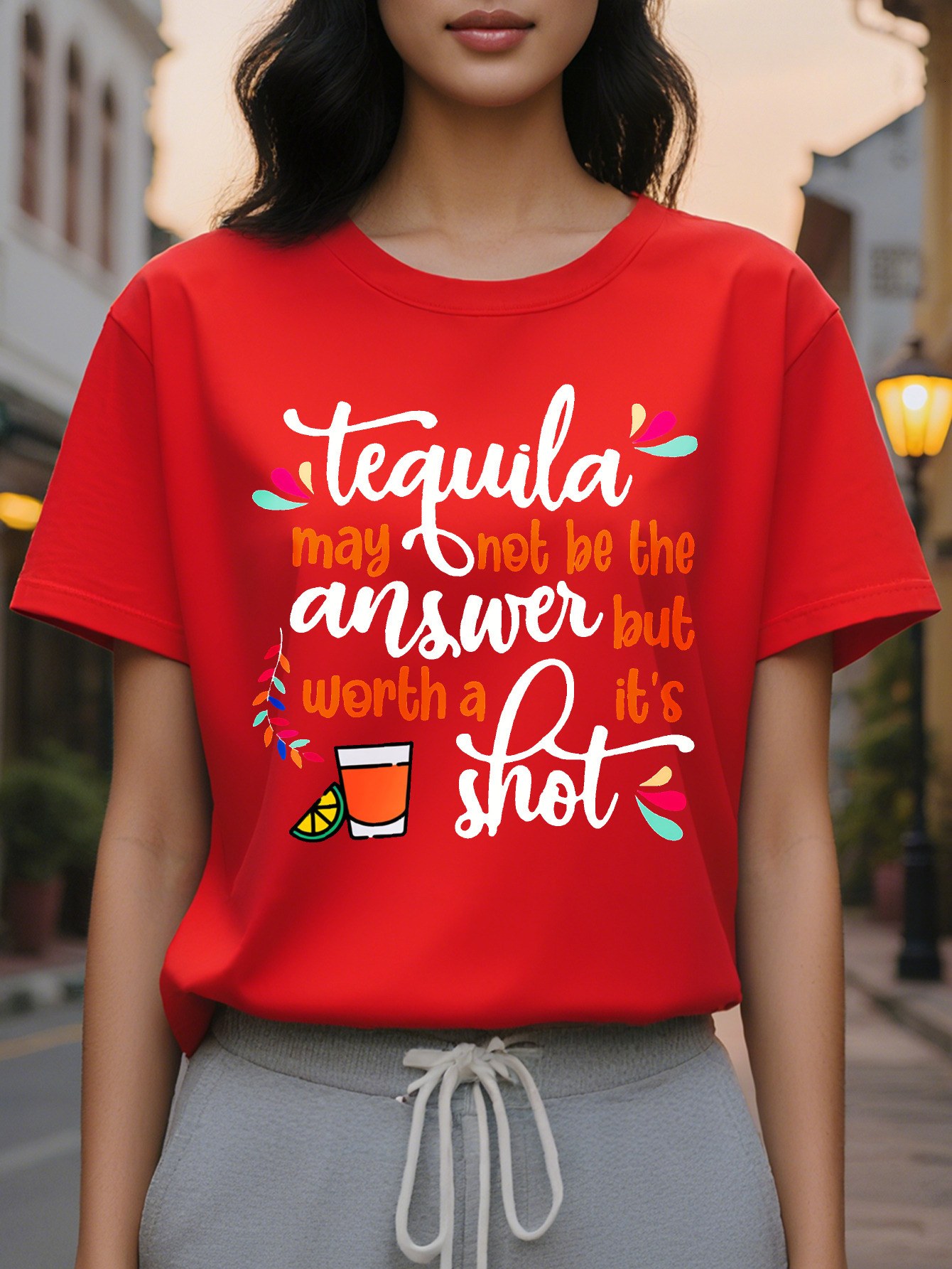 Large XL Drinking Themed Printed Women's Spring and Summer Outfits Combined Edition Round Neck T-Shirt Plus Size