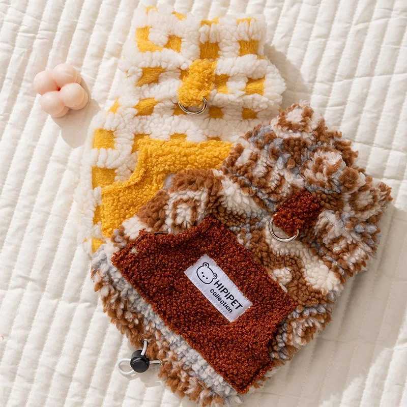 Yellow Checkered Teddy Vest Winter Dog Clothes Lambswool Pet Coat Warm Clothing for Small and Mediumsized Dogs with Open Button W250904