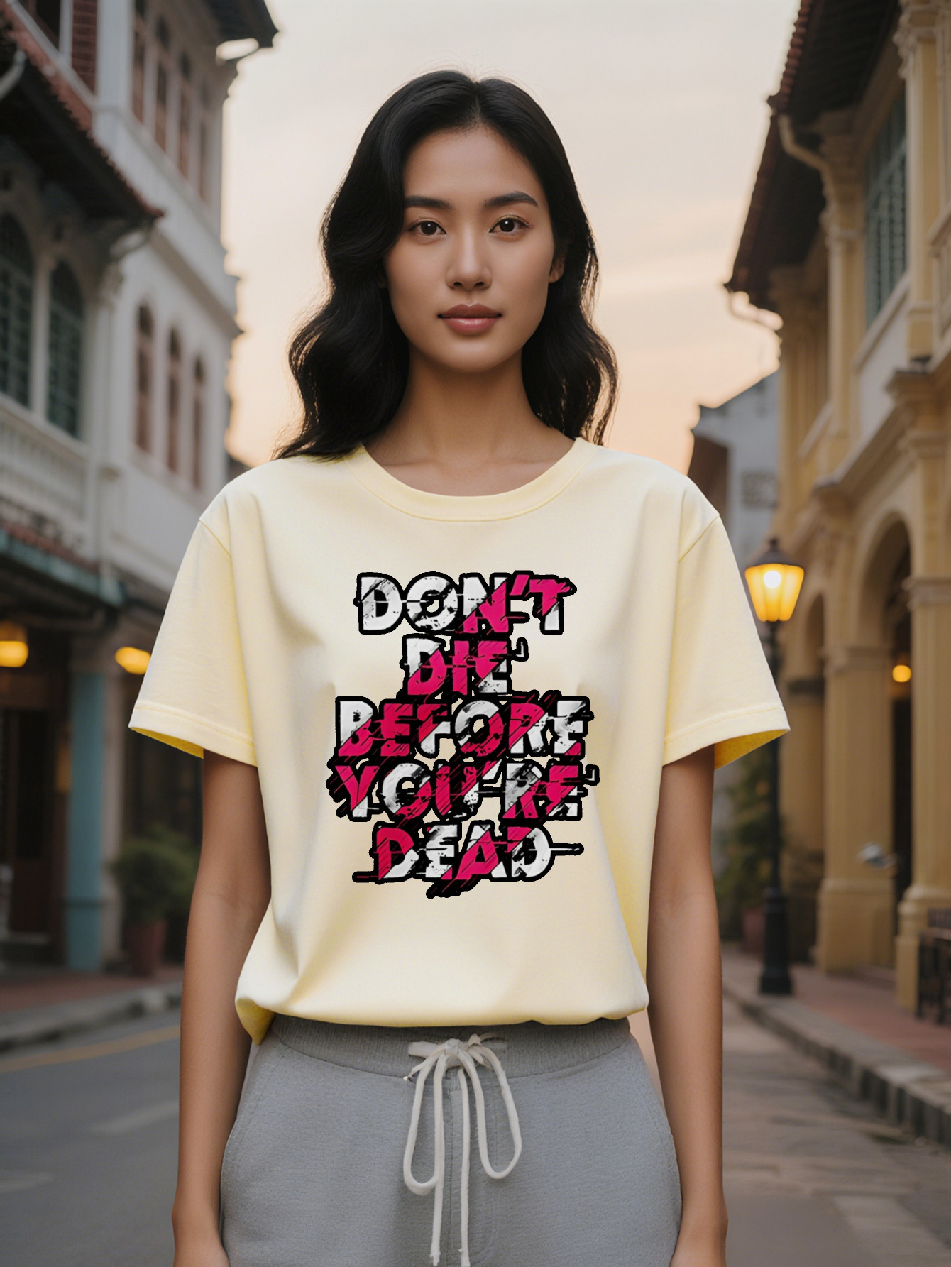 Large XL Casual Crew Neck T-Shirt Black with Bold Pink White Letter Print Don't Die Before You're Dead Design Lightweight Plus Size