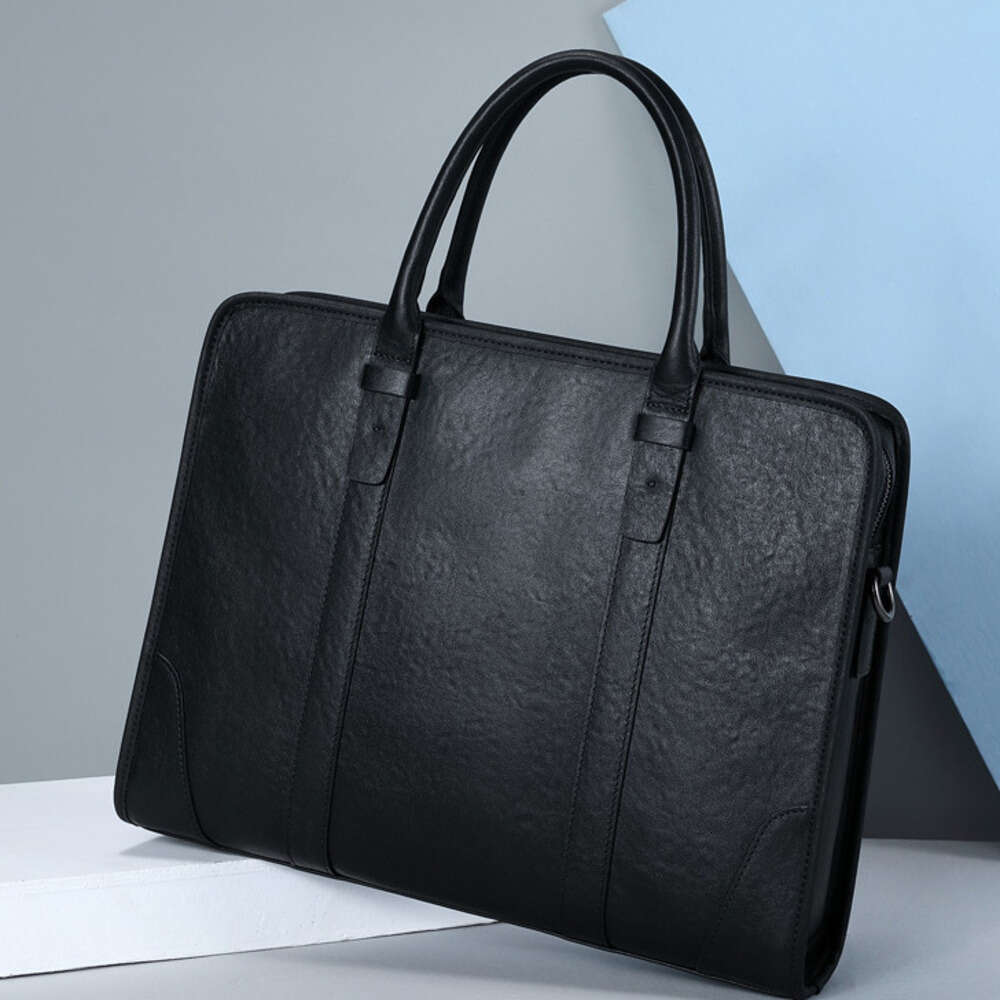 DHEssentials 2025 Spring Men's Top-Grain Leather Briefcase 14-inch Business Laptop Bag Handheld Shoulder Crossbody Black