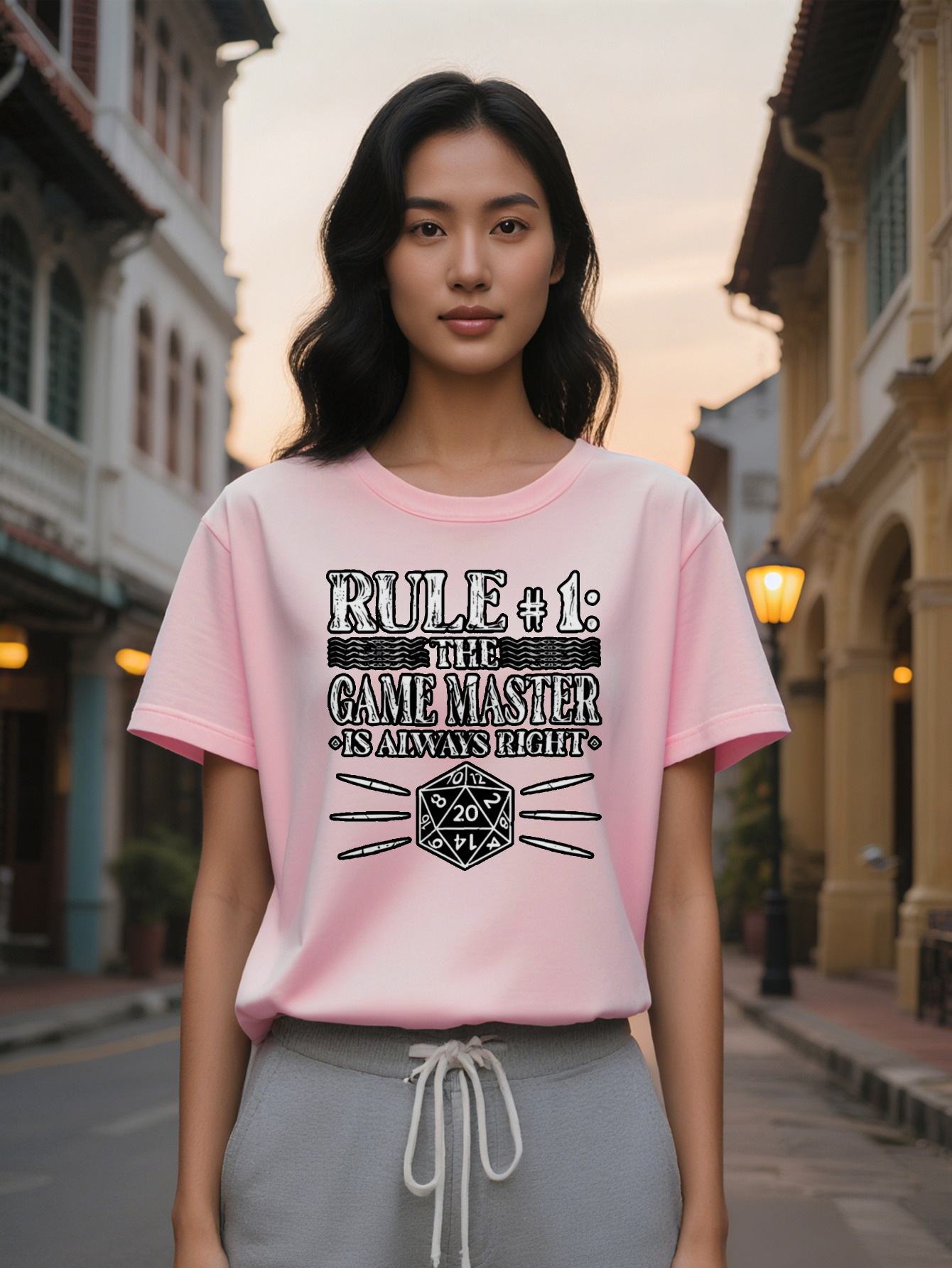 Large XL Lady Casual Graphic T-Shirt Rule Game Master Design with D Dice Wavy Lines Print BlackWhite Gaming Tee Tabletop Plus Size