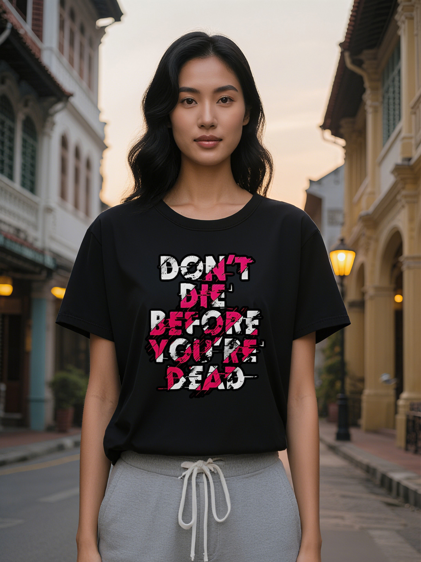 Large XL Casual Crew Neck T-Shirt Black with Bold Pink White Letter Print Don't Die Before You're Dead Design Lightweight Plus Size