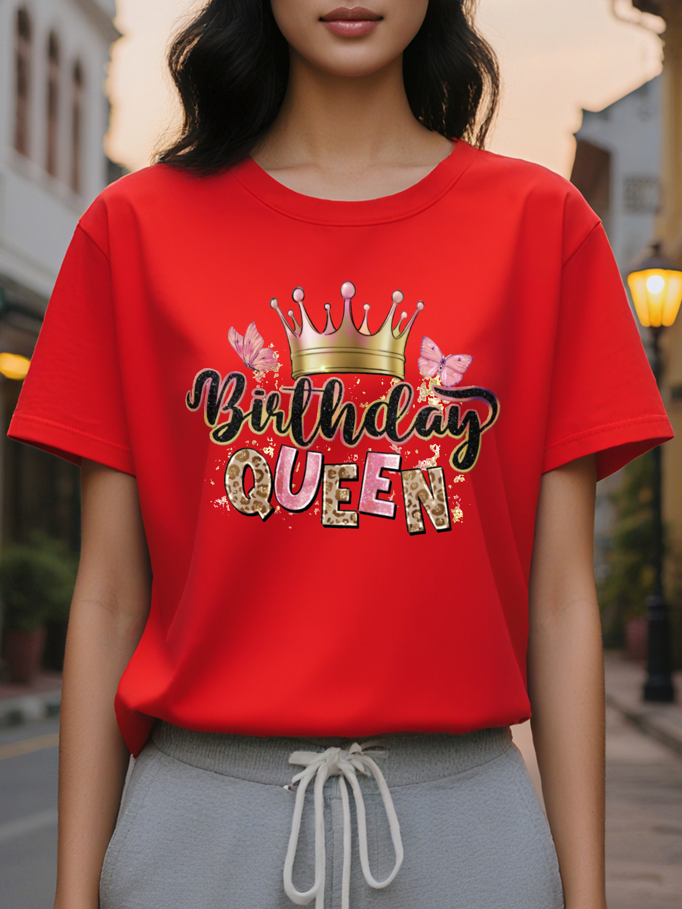 Birthday Queen Printed T-shirt Casual Round Neck Short Sleeve Top Women's Clothing