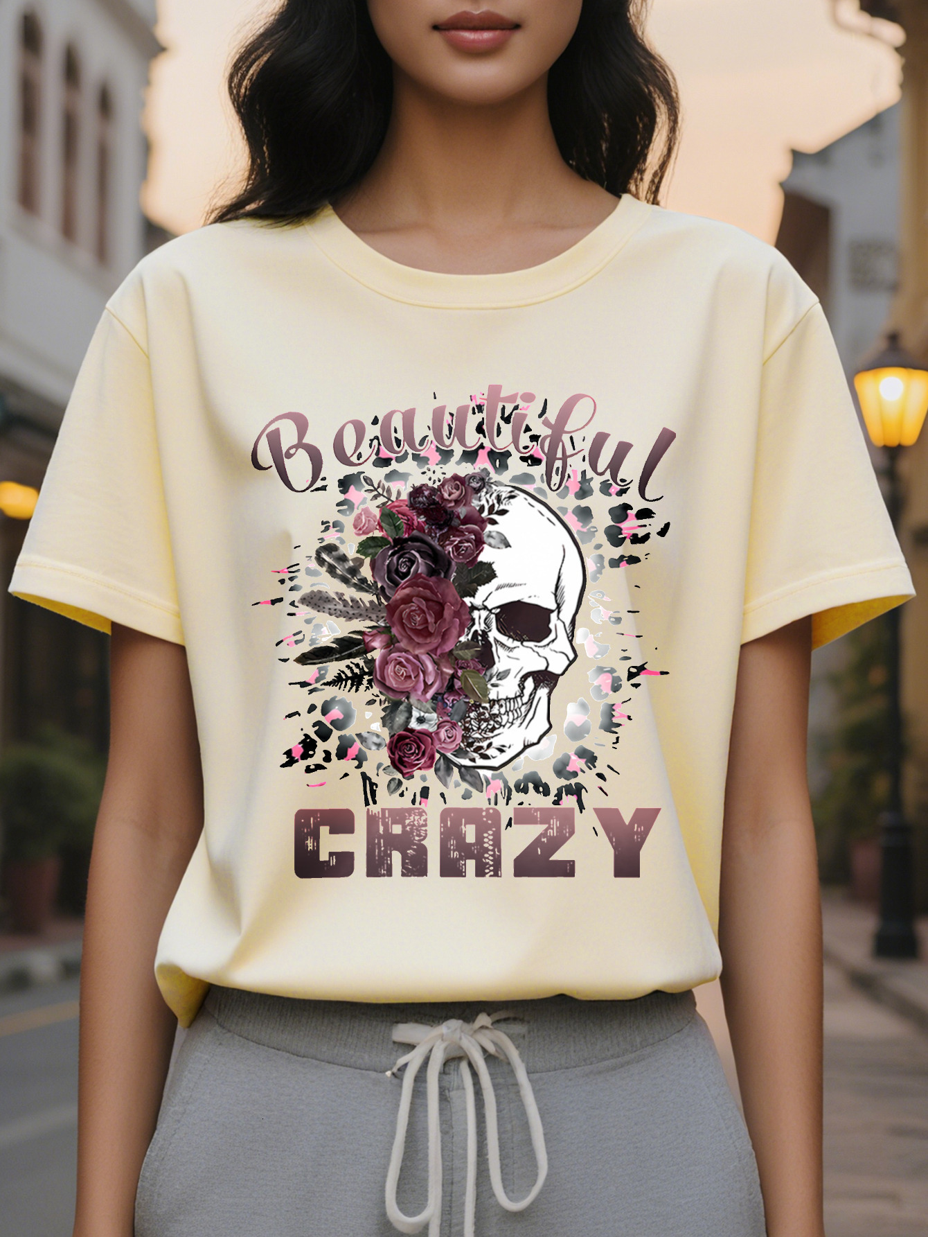 Beautiful Crazy Ladies T-Shirt Black Skull Pink Letter Printing Spring and Summer Casual Loose Short Sleeve Round Neck
