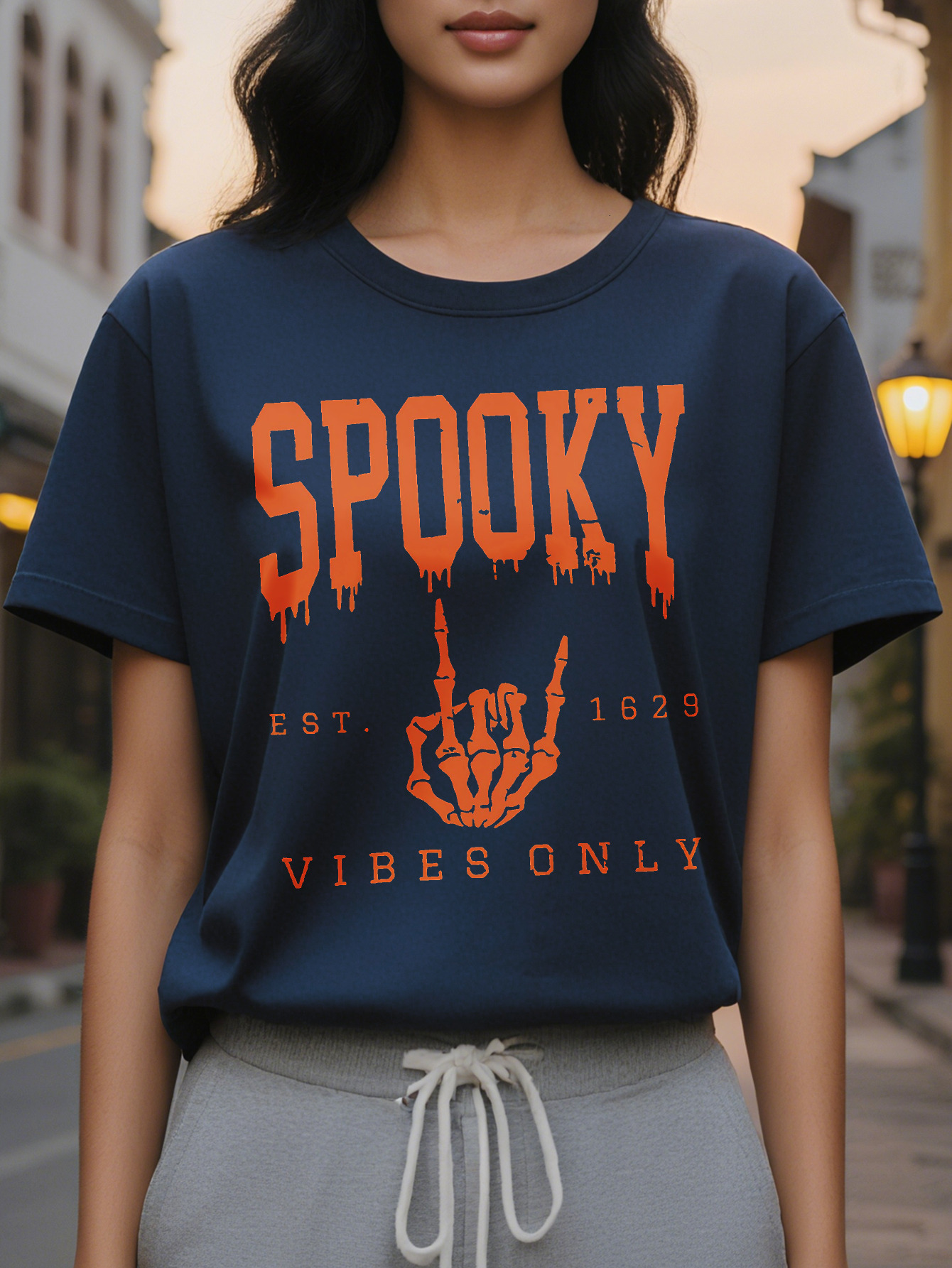 Large XL Women's Halloween Spooky Vibes Double Sided Printed T-Shirt Gothic Lettering Blood Drip Design Round Neck Short Plus Size