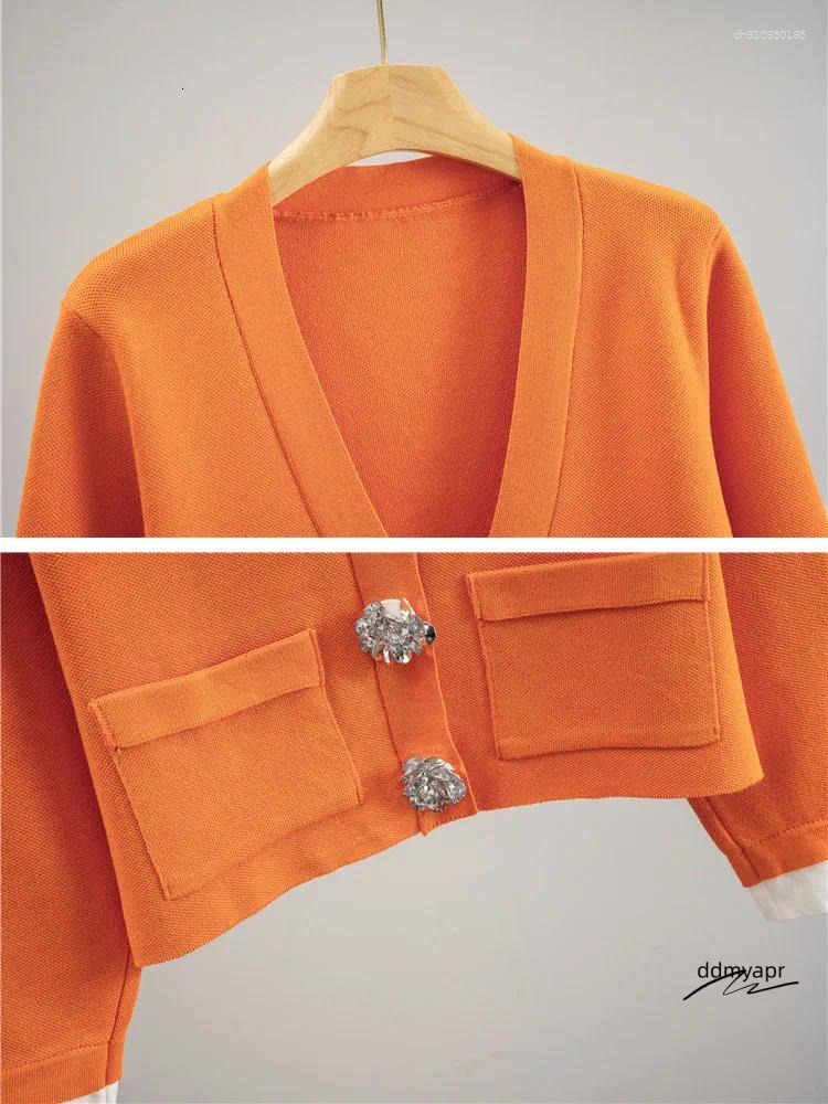 Women's Two Piece Pants Korean Design Knitted 2 Sets Women Big Button V-Neck Long Sleeve Ddmyday Cardigan Tops Conjuntos High Waist Wide Leg Outf