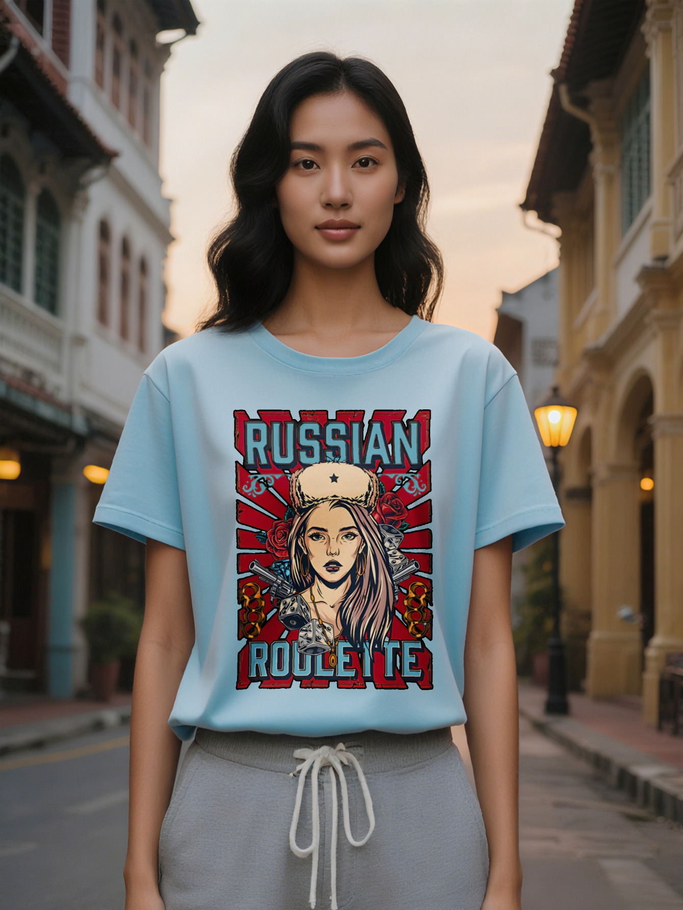 Large XL Women's Casual Graphic T-Shirt Black Russian Roulette Design with Female Portrait Red Accents Round Neck Summer Tee Plus Size