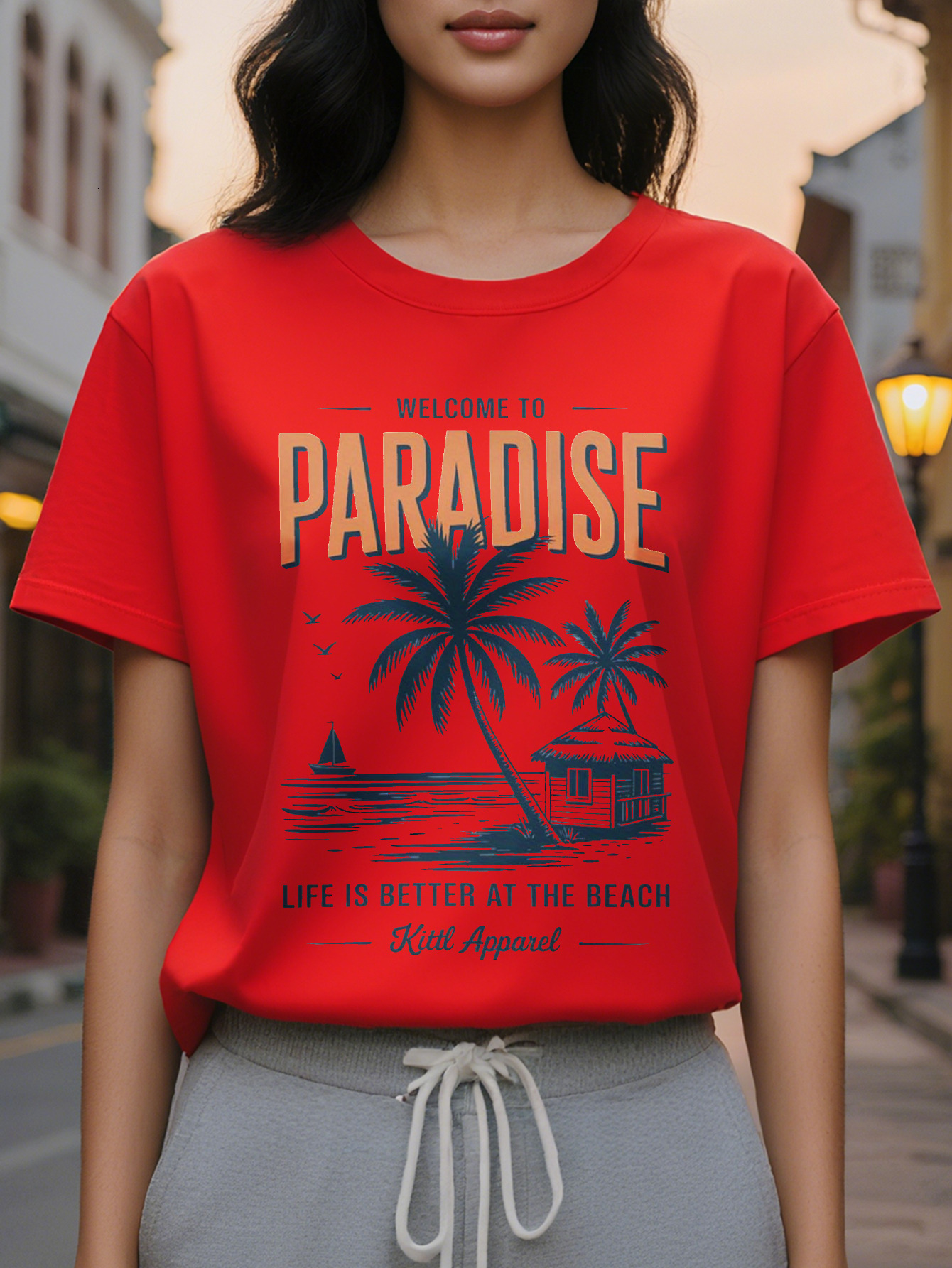 Women's Welcome to Paradise Patterned T-shirt Elegant Summer with Palm Trees and Sea Views Casual Round Neck Short