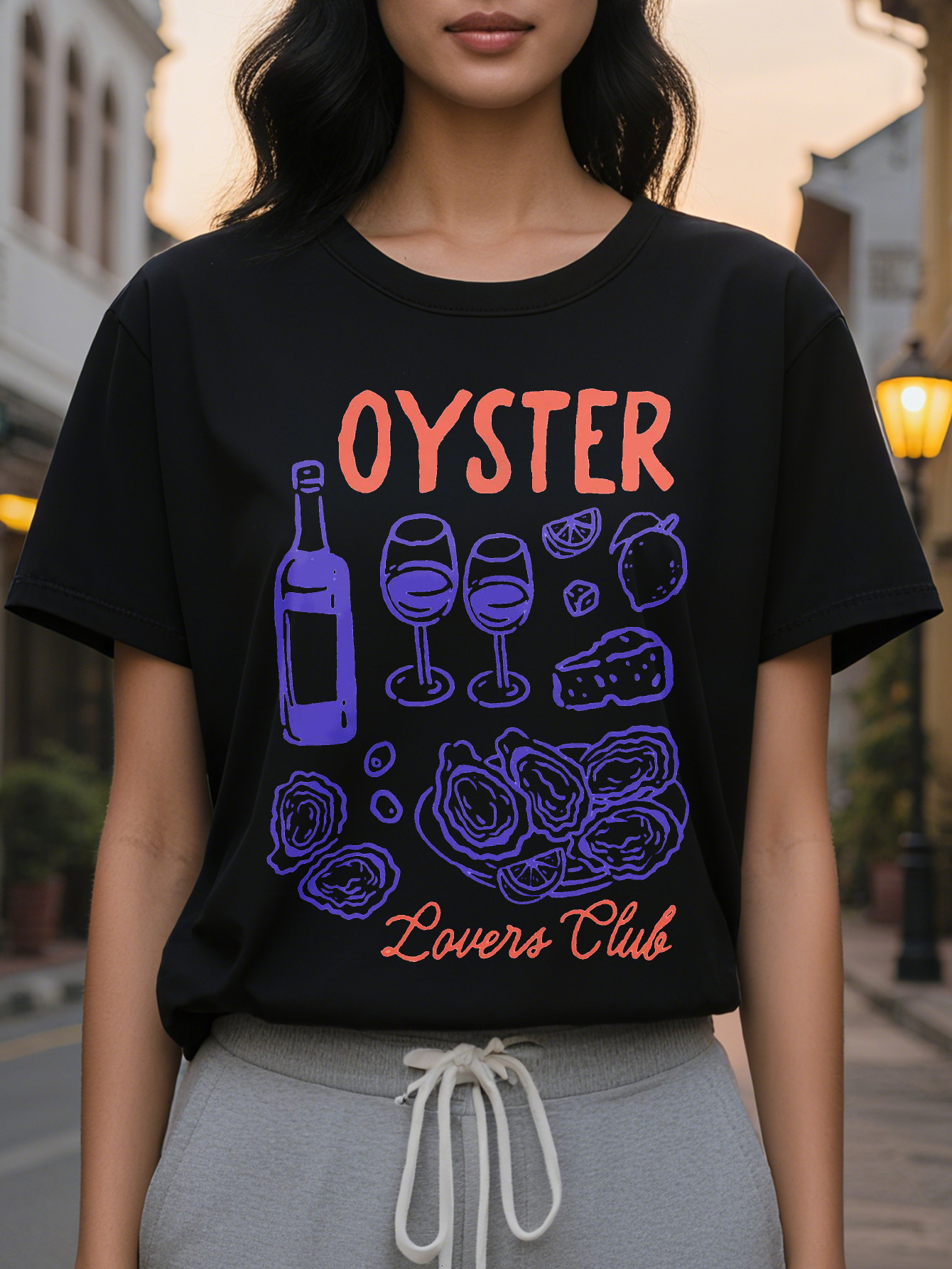 Women s Elegant Lovers Club T Shirt Sleeve Round Neck Casual Fashion Design with Wine Glass Oyster Pattern