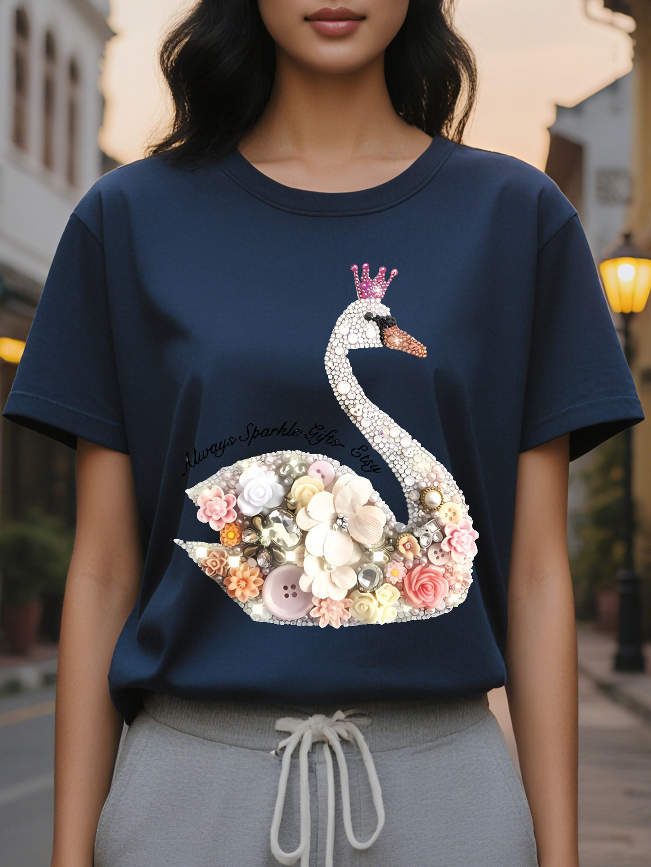 Women S White T Shirt with Sparkling Swans Floral Print Short Sleeve Round Neck Casual Top Soft Cotton