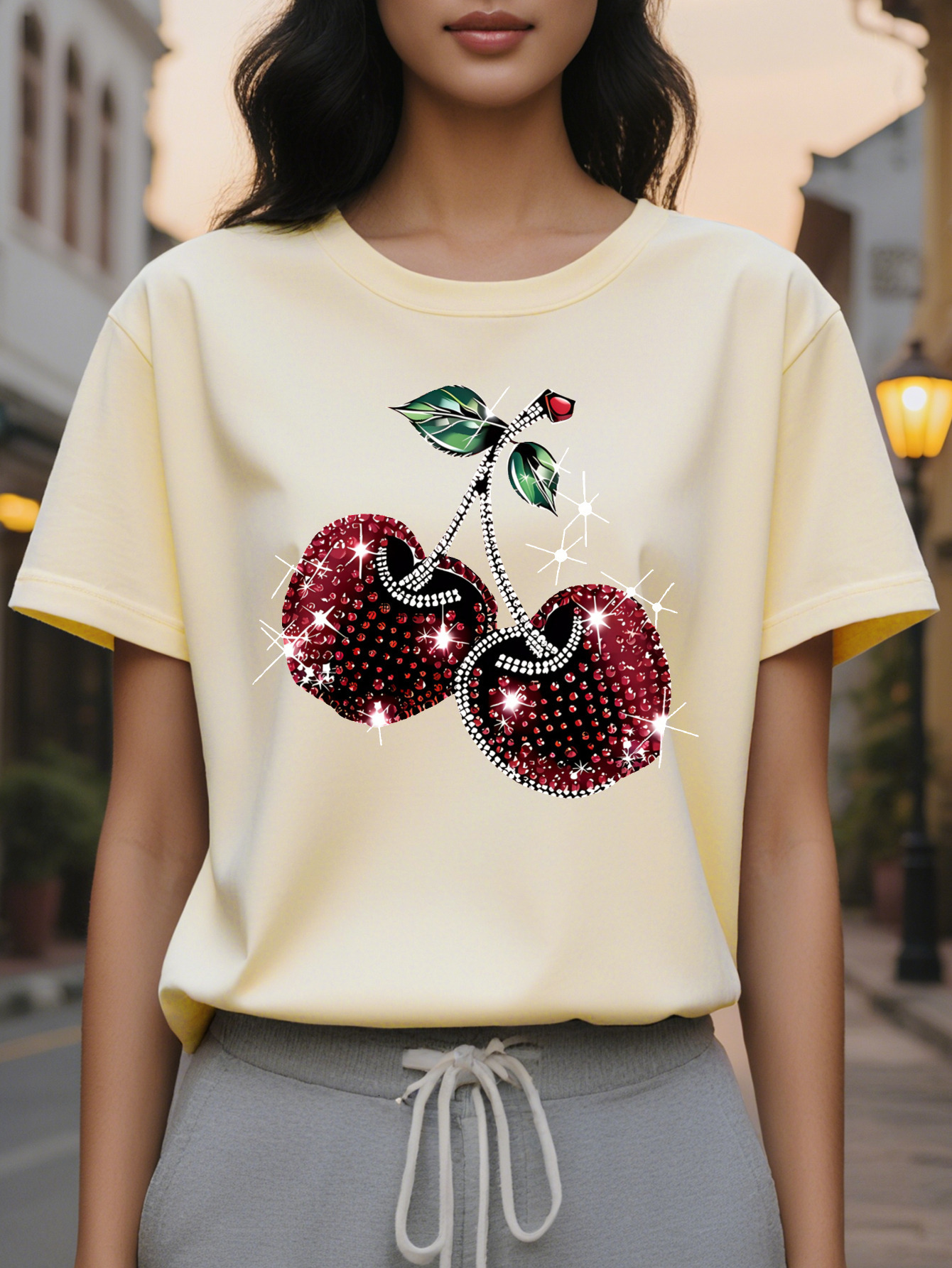 Cherry Fruit Circle Print T-Shirt Short Sleeve Round Neck Casual Wear