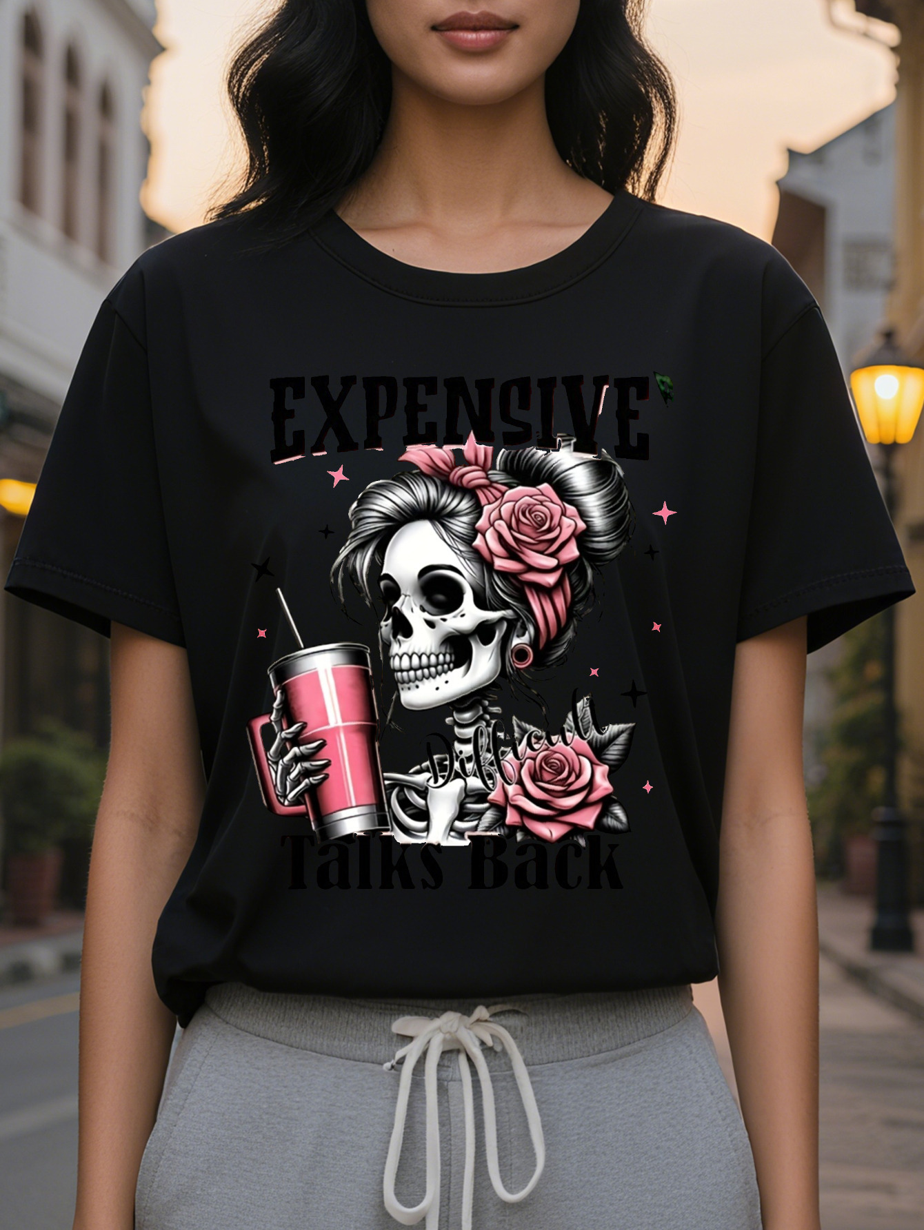 Women s Casual Graphic T Shirt with Bold Expensive Talks Back Print Edgy Skull Design Cotton High Washable