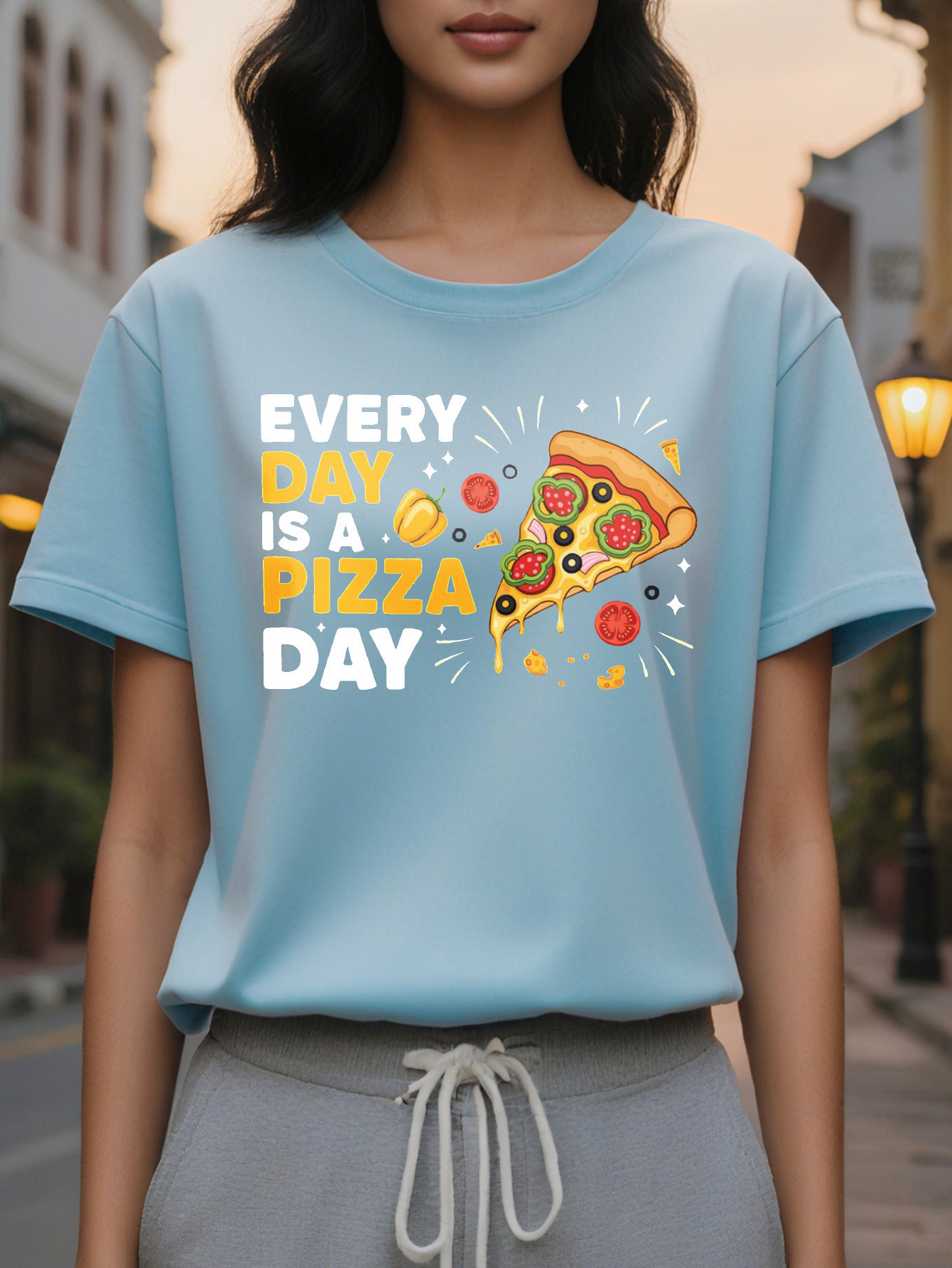 Women's Black Lover Pattern Funny is Day Sayings Soft Everyday Casual T-Shirt Pizza Parties and