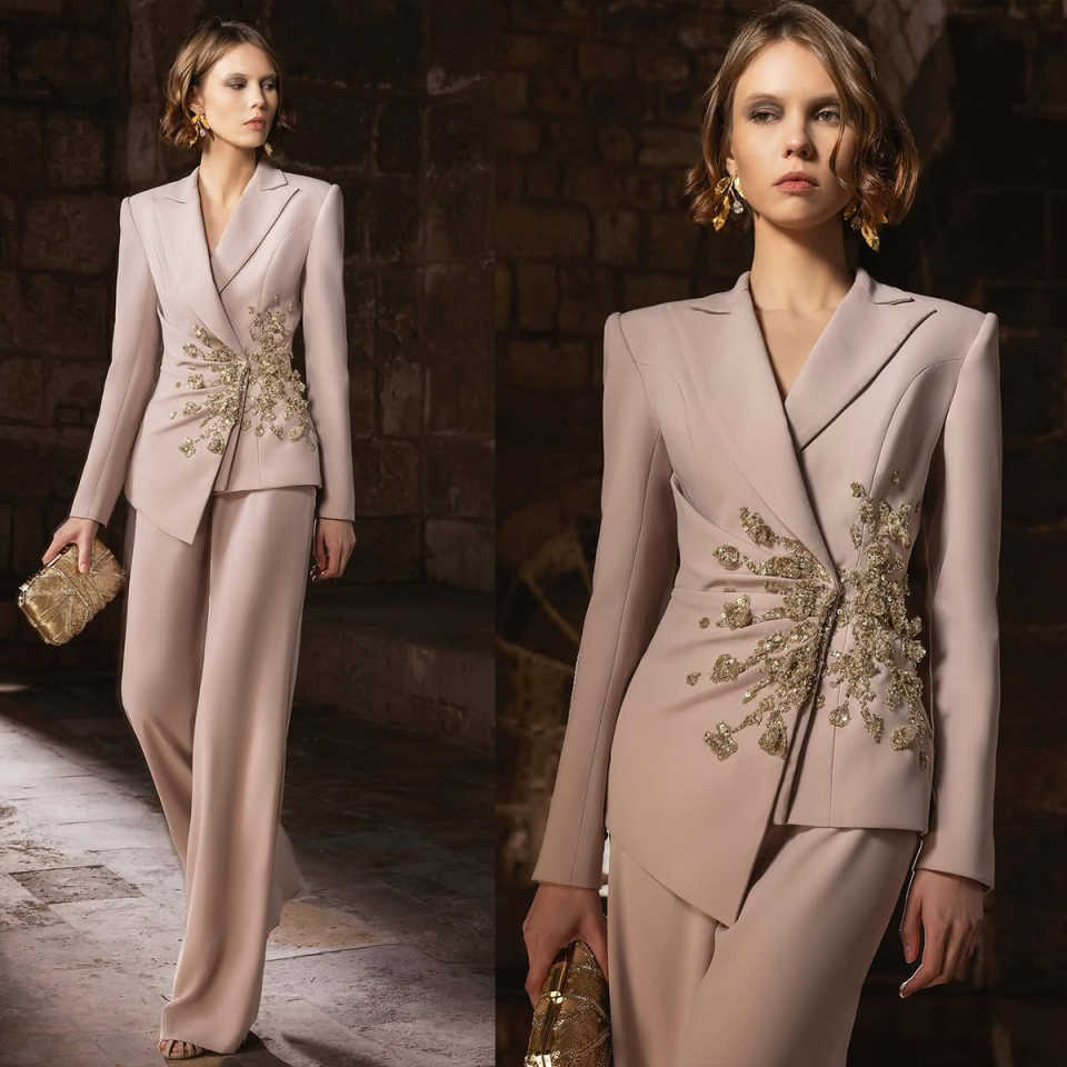 Graceful Women Suit 2 Pieces Sequins Appliques Jacket Blazers Formal Office Ladies Customized Wedding Prom Wear