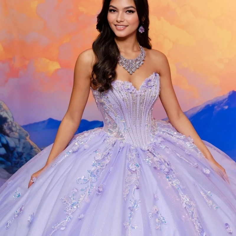 Lavender Shiny Quinceanera Dresses Ball Gown Off The Shoulder Applique Flower Beads Tull Sweet 16 Dress Vestidos 15 De Anos