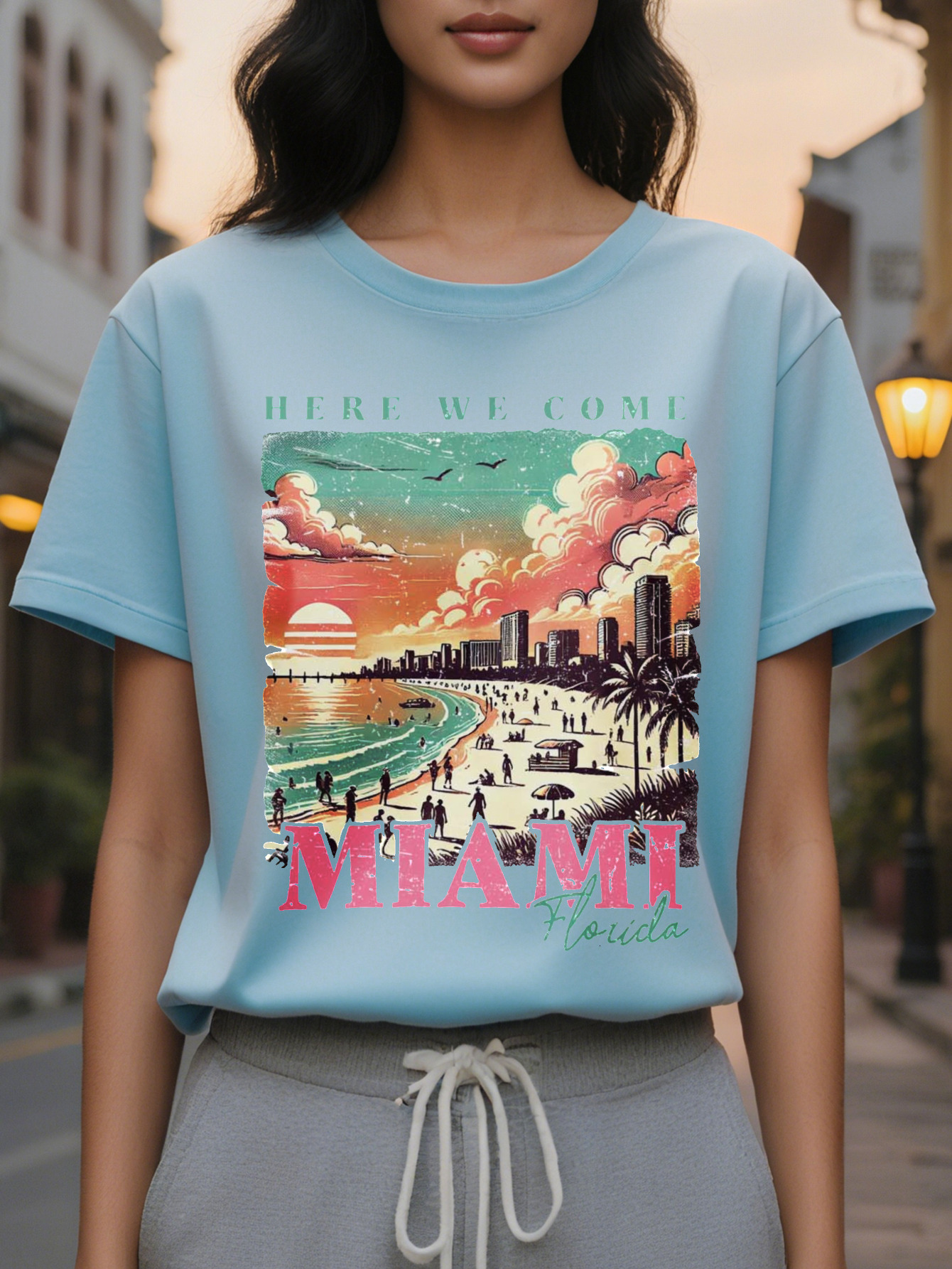 Miami Florida sleeve T-shirt vivid sunset design casual round neck regular version very suitable for autumn