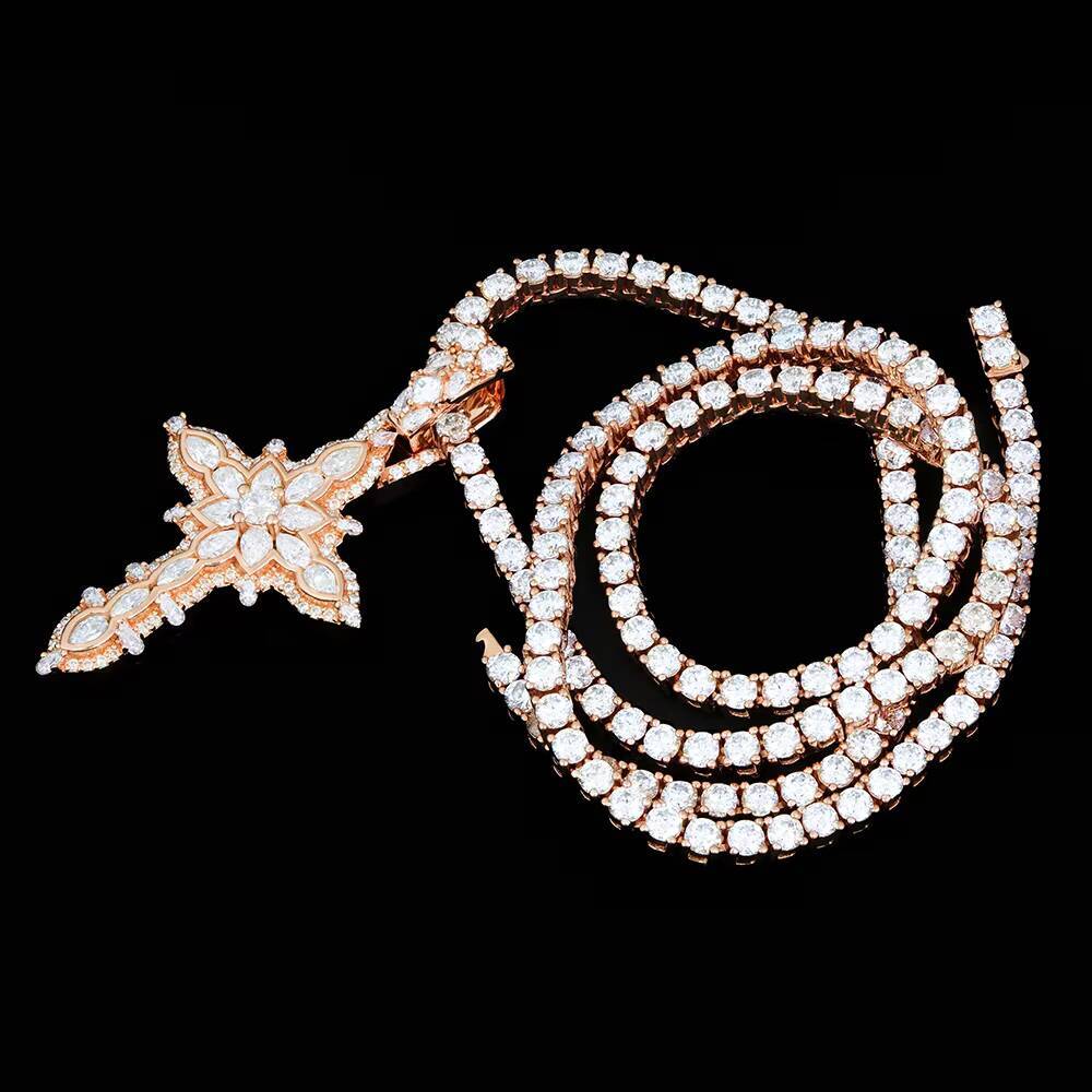 Custom Mens 14k18k Rose Gold Plated 925 Silver Diamond Mossanite Moissanite Iced Out Chain Necklace and Cross Pieces Pendant