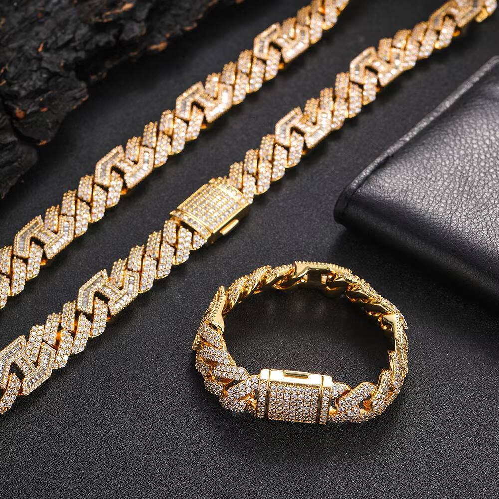 NUOYA High Quality Men Hip Hop Iced Out Cuban Chain Micro Pave Baguetter Moissanite Prong Cuban Link Chain Necklace for Gifts