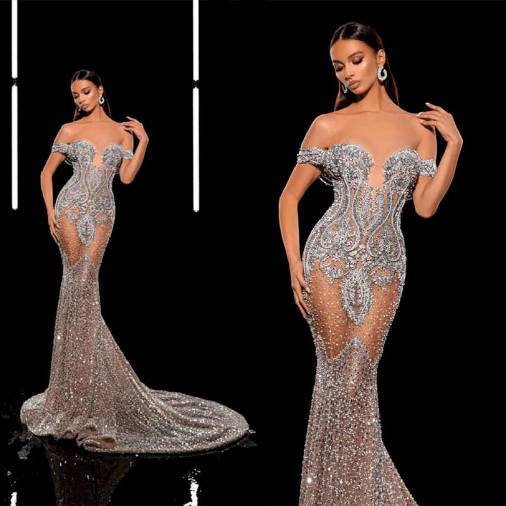 Luxury Beaded Evening Dresses Stunning Crytsal Mermaid Celebrity Party Dress Formal Prom Gown Customized Robes Gala