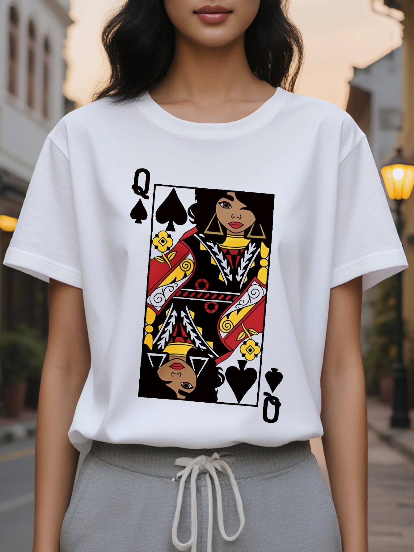 Short Sleeve Cartoon Card Q Print Crew Neck T-Shirt for Spring Summer Casual Women's Clothing