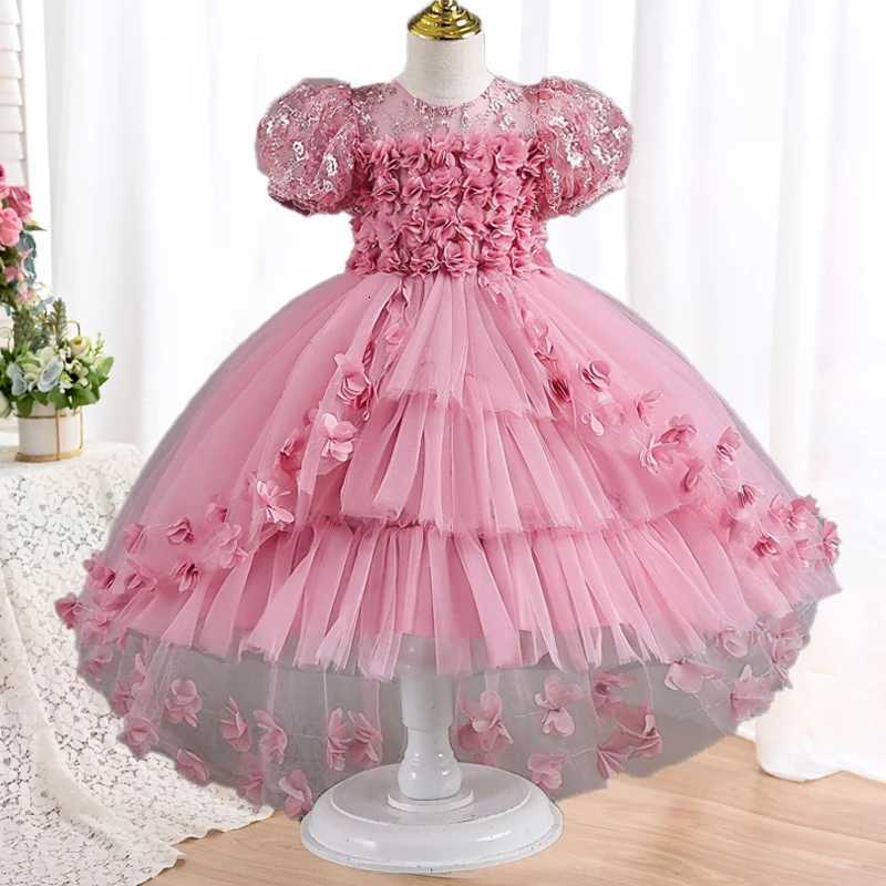 New Birthday Party Ball Girl Princess Dress Lace Petals Wedding Dress Princess Dress Girl Tail Childrens Elegant Evening Dress Z250904