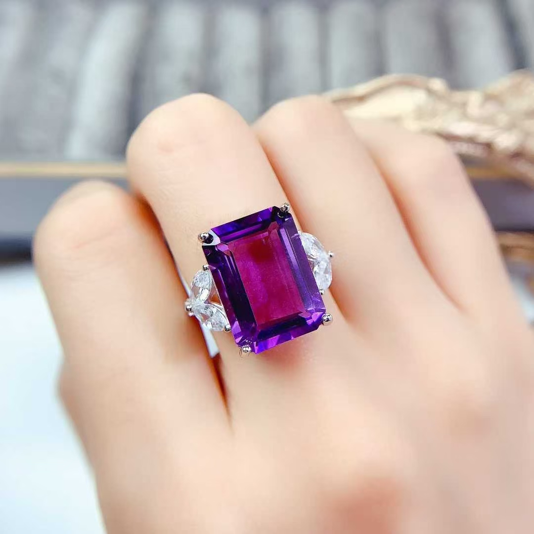 Real 925 silver ring natural amethyst jewelry with certificate 12mm * 16mm 12ct genuine amethyst ring birthday gift for women