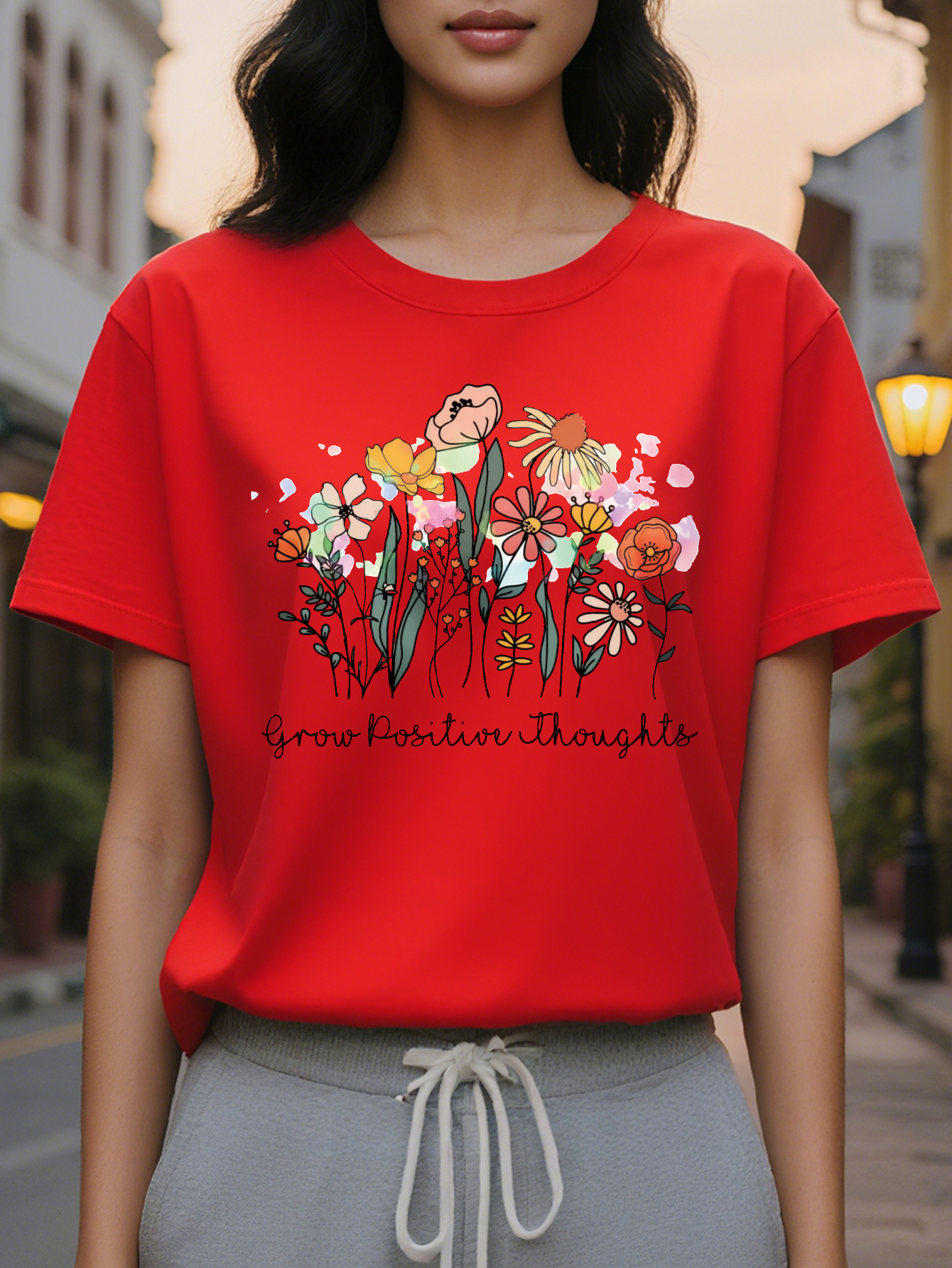 Large XL Floral T-Shirt Grow Thoughtful Graphic Tee Light Gray Soft Everyday Casual Top for SpringSummer Outfits Washable Plus Size