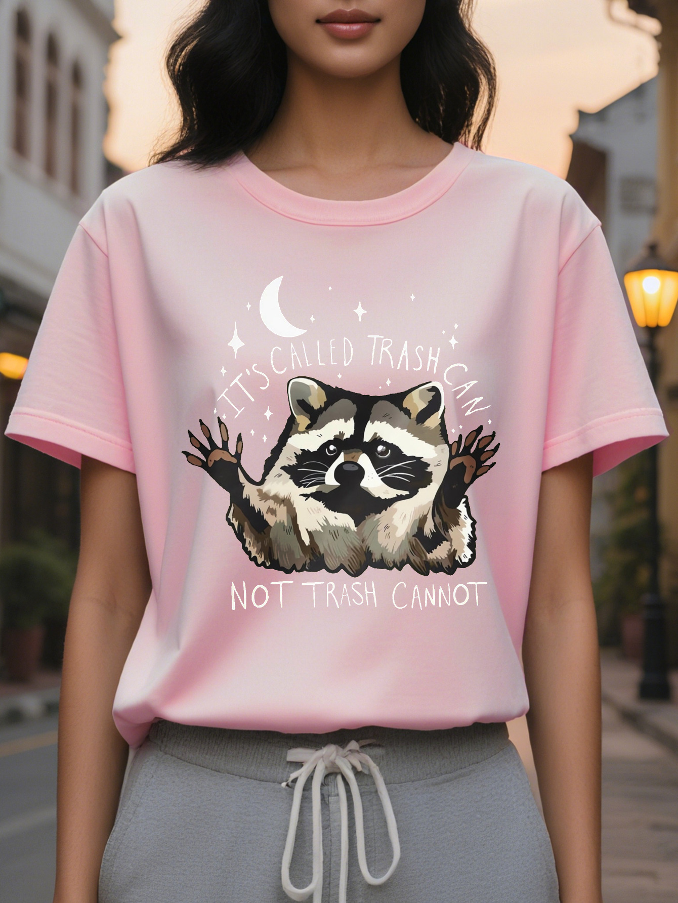 Large XL Women's Casual Fitted Round Neck T-Shirt Humorous Trash Can Graphic Print Gray Medium Stretch Washable Summer Plus Size