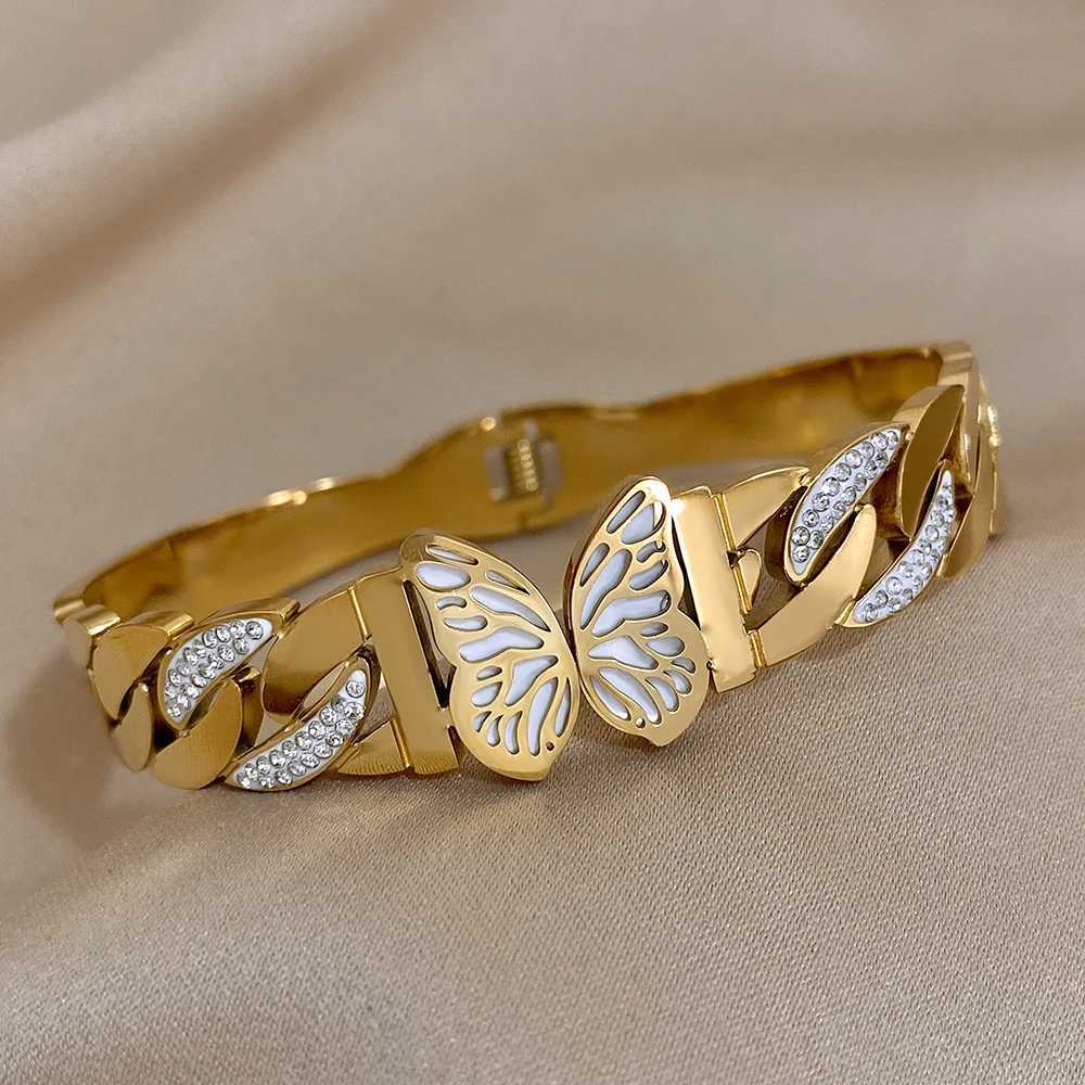 Charm Stainless Steel Bangle Bracelet For Women Luxury Rhinestone Wide Golden Chain Bracelets Wedding Party Jewelry Y250904