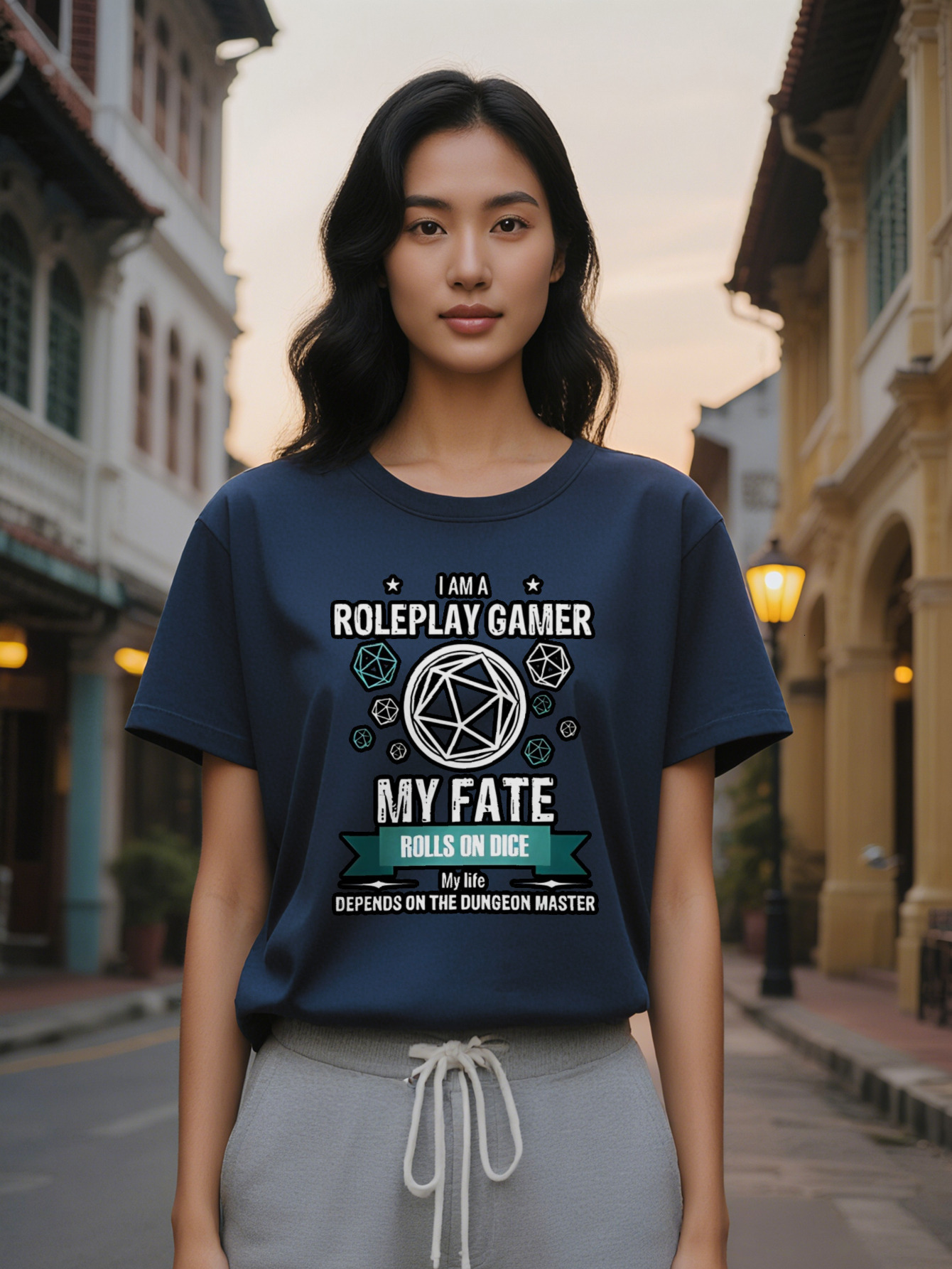 Lady Crew Neck T-Shirt with I AM A ROLEPLAY GAMER Dice Print Perfect for Gamers Gifts Wear Casual Summer D