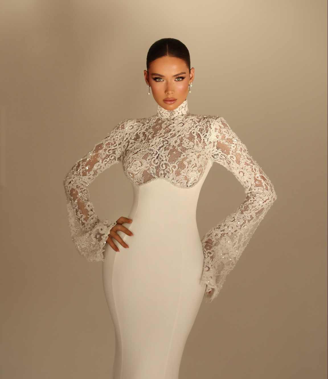 Romantic Mermaid Customized Lace Long Sleeves High Neck Side Slit Wedding Dresses Backless Bride Dress Vestido De Noiva