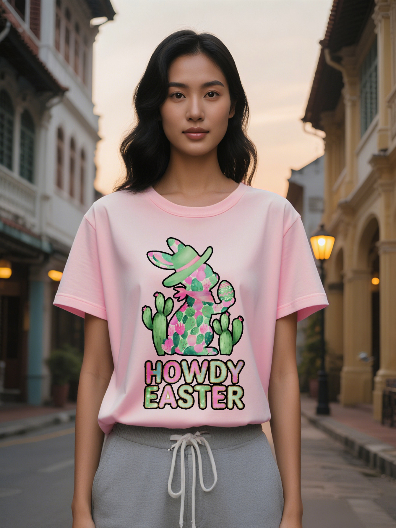 Large XL Women's Casual Crew Neck T-Shirt with Howdy Easter Print Black Short Sleeve Graphic Tee Lightweight Blend Regular Fit Plus Size