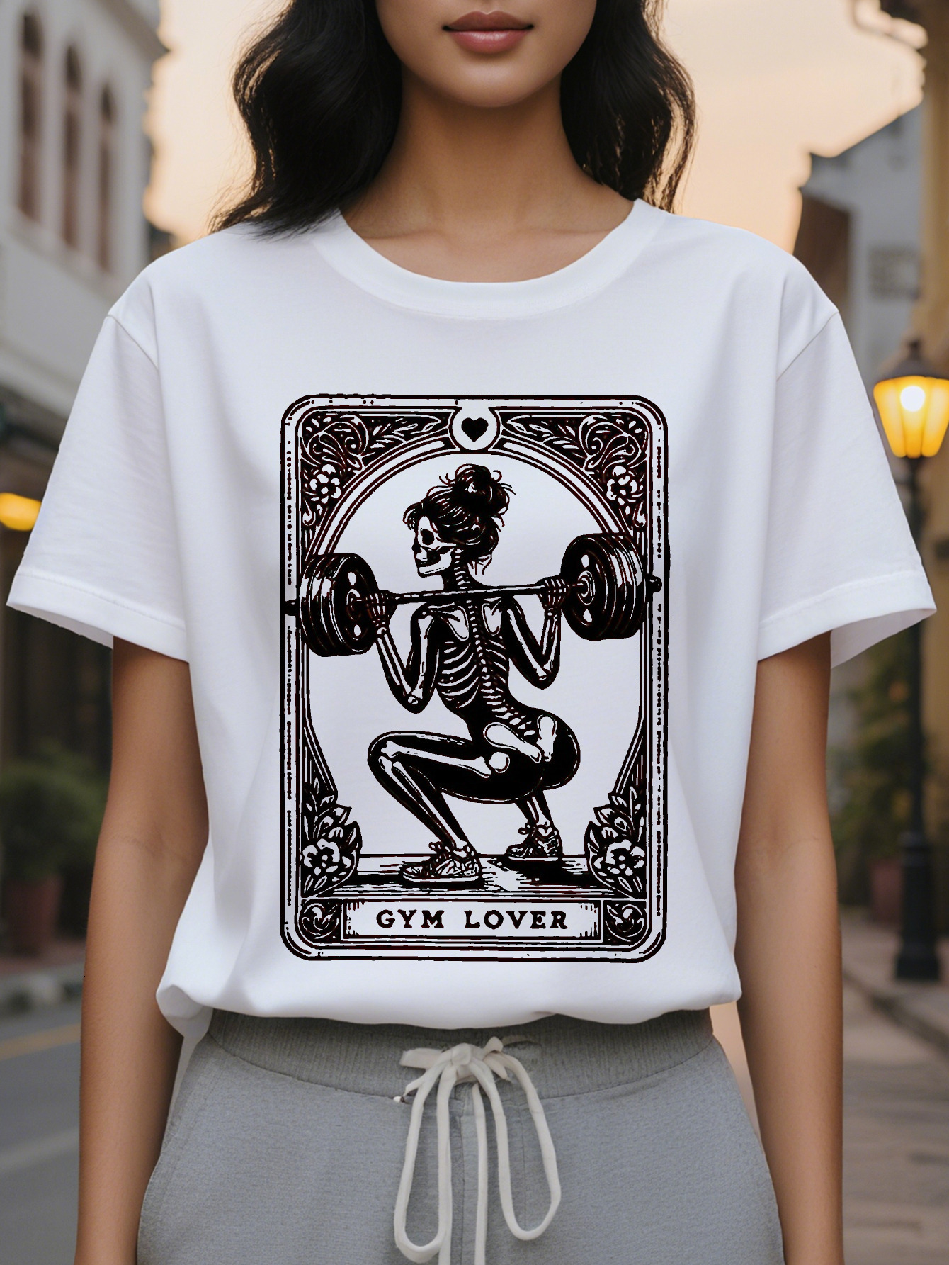 GYM LOVER ladies pattern T-shirt with skull weightlifting design in bright pink, casual loose fit suitable for gym daily wear