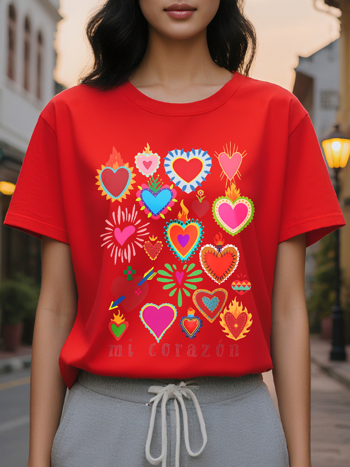 Large XL Women's Casual Short Sleeve Crew Neck T-Shirt Vibrant Purple Mexican Inspired Sacred Heart Spanish Flame Print Mi Plus Size