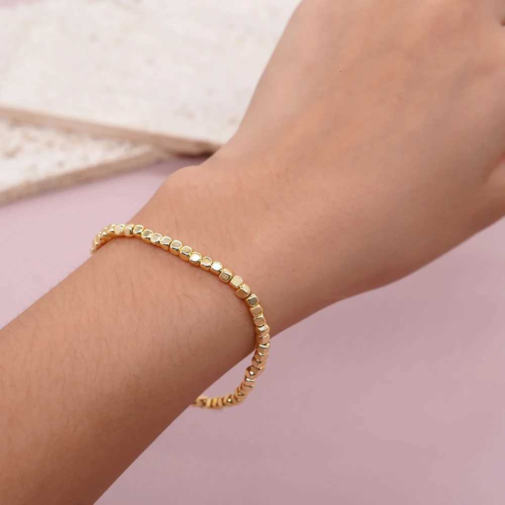 1PC Square Hematite Stone Bracelets Golden Beaded Stacking Elastic Stretch Handmade Fashion Unisex Jewelry Haii TrenXJ250904