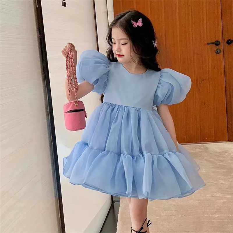 Girls Princess Tulle Dress Kids Puff Sleeve Mesh Dress Children Birthday Party Ball Gown Dresses 2024 New Summer Elegant Clothes Z250904