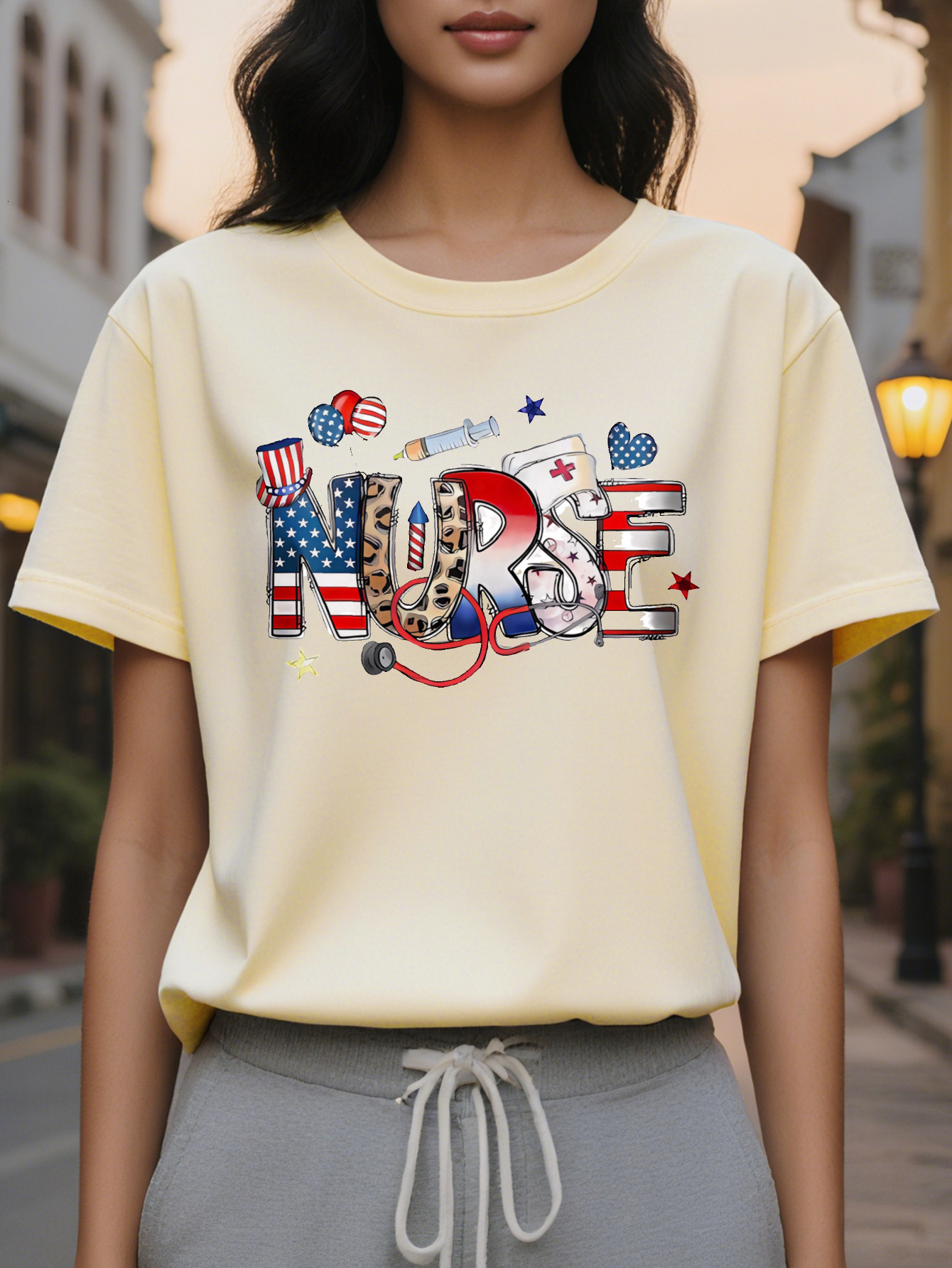 Women's Nurse Pattern Short Sleeve T-Shirt Star Stripe Theme Letter Print Elastic Round Neck Casual Top Spring and
