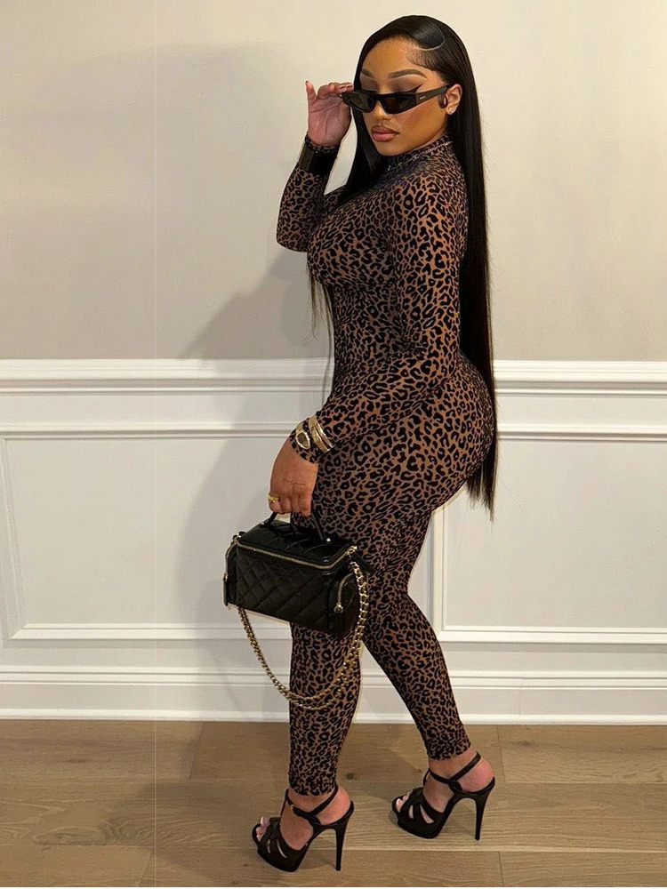 Weird Puss Sexy Leopard Mesh Jumpsuit Women Sexy Hipster Zip Stretch Midnight Workout Clubwear Autumn Fitness Street Overalls 250904