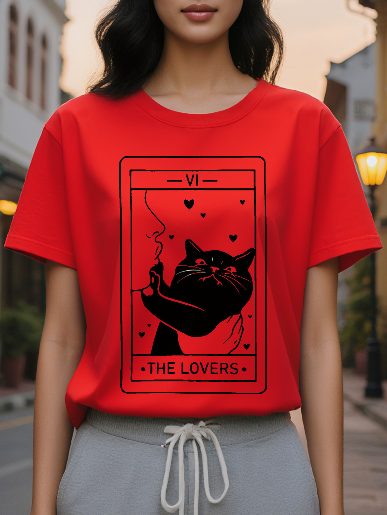Large XL Women's Tarot The Graphic T-Shirt Whimsical Witch Hat Black with Hearts Design Soft Crew Neck Tee for Lovers Plus Size