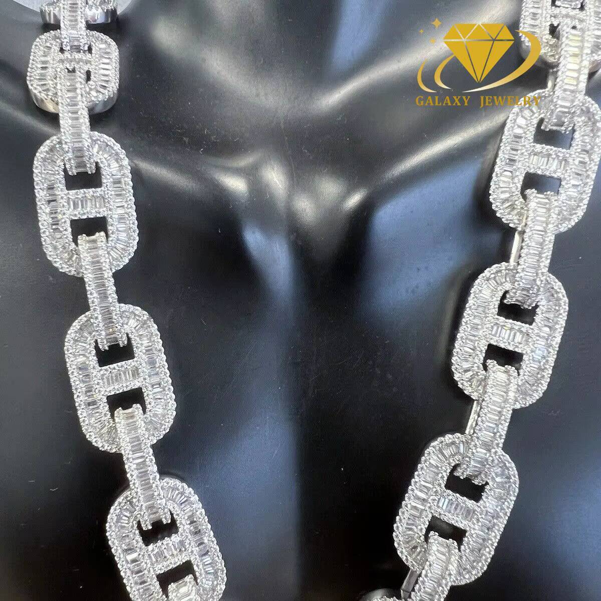 Hip Hop 15mm Large Cuban Necklace 925 Sterling Silver Pig Nose Baguette Moissanite VVS Diamonds Thick Heavy Cuban Necklace