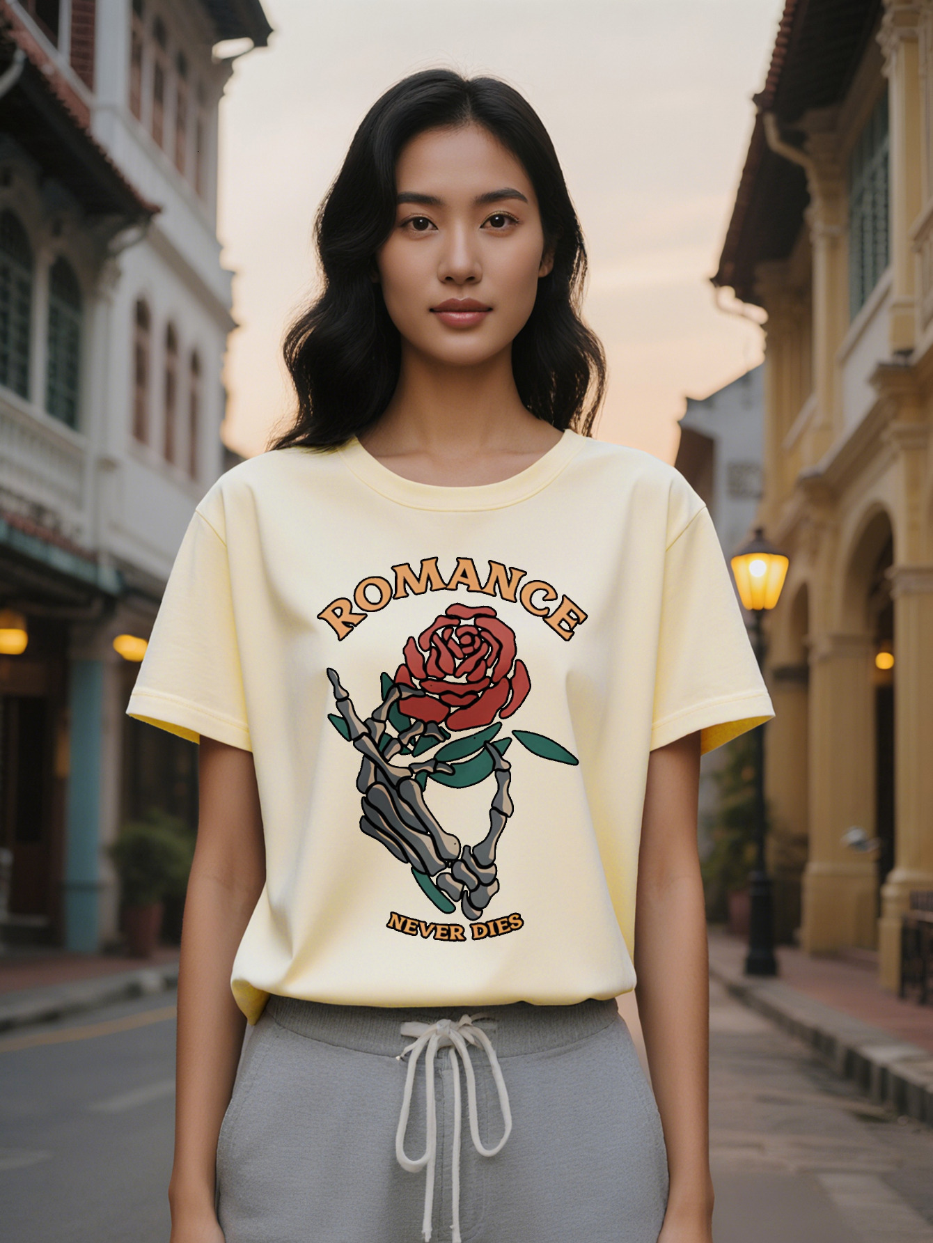 Large XL Lady Casual Graphic T-Shirt Black with Red Rose Skeleton Hands Romance Never Dies Print Round Neck Summer Tee Plus Size