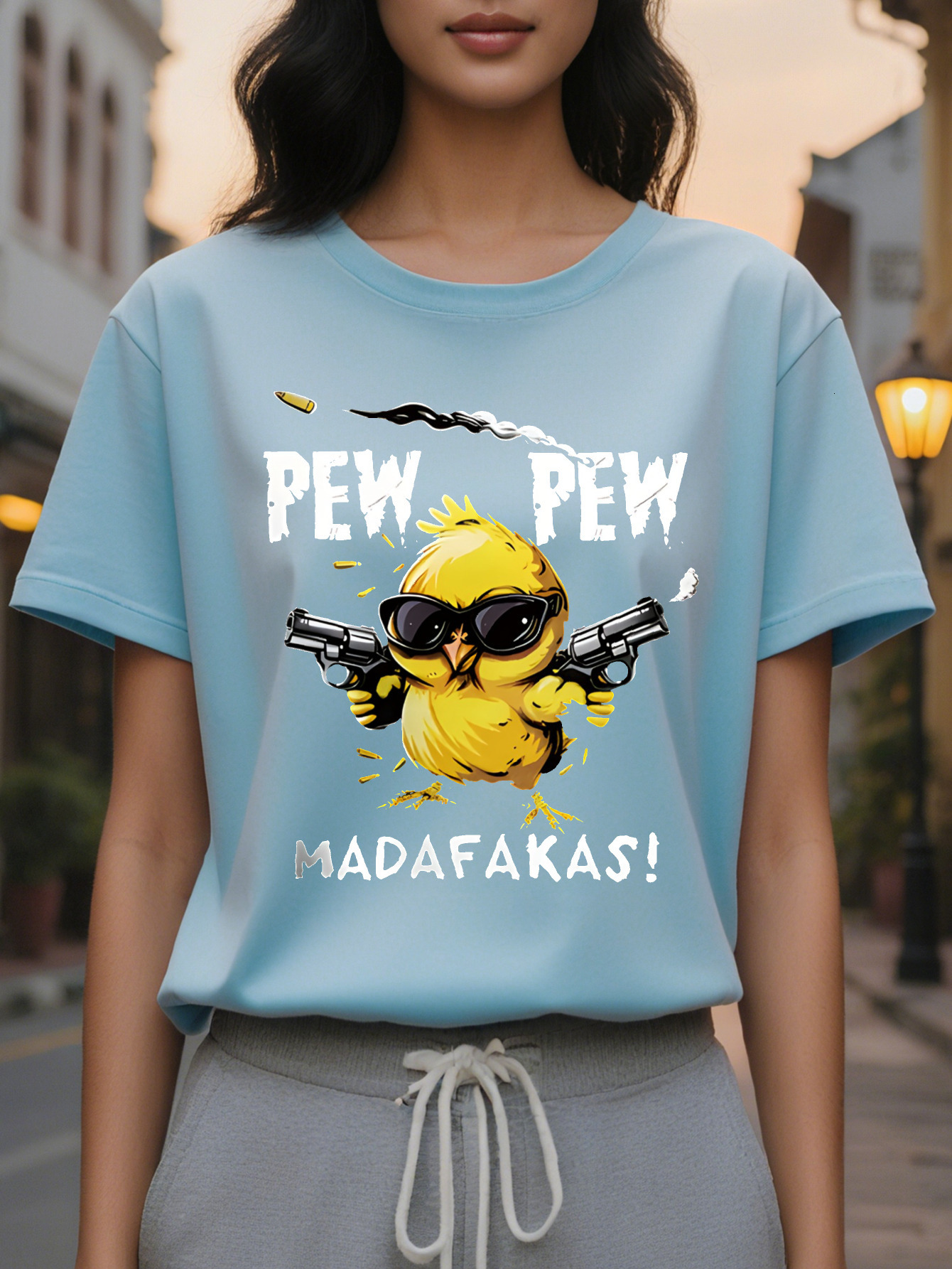 Ladies Casual Short Sleeve T Shirt Black Cartoon Chick Wear Fashion Glasses with Gun Pattern PEW MADAFAKAS