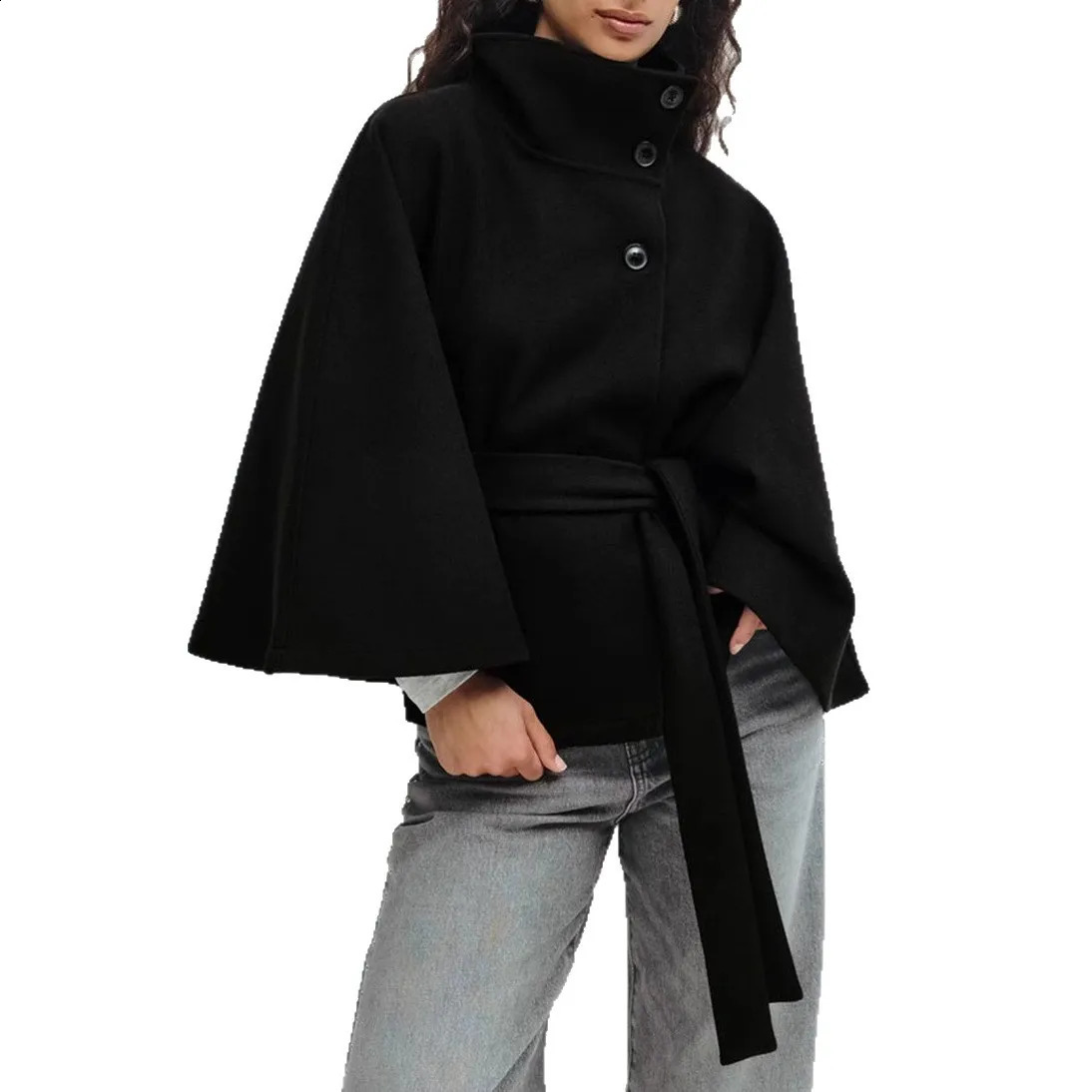 Autumn and Winter Womens Coat in Europe and America Plain Color Cape Standup Collar Button Waist Belt Trench Coat 250904