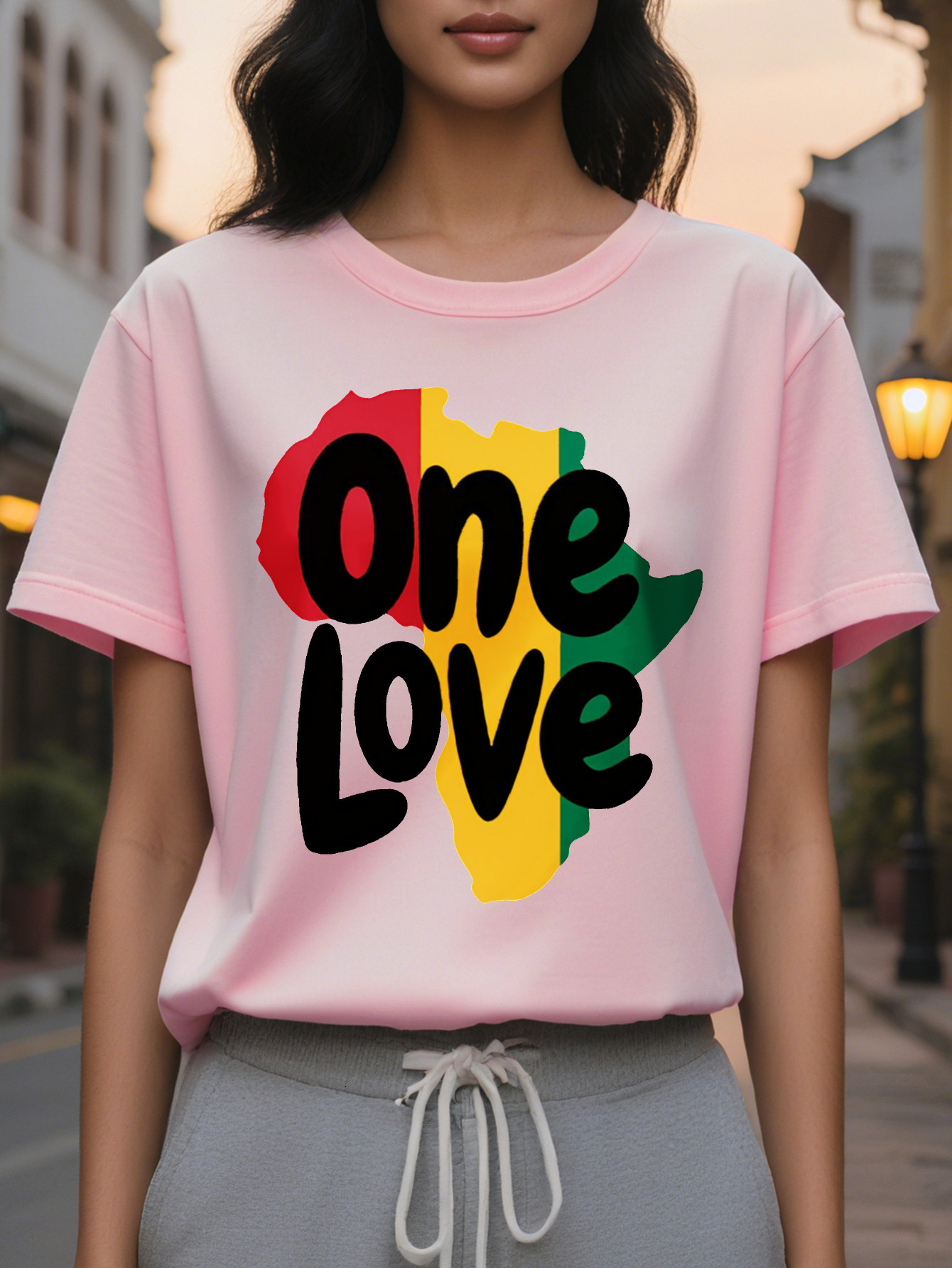 Large XL Juneteenth One Love Africa Map Graphic Print T-Shirt Women's Casual Short Sleeve Crew Neck Top with Pan African Plus Size
