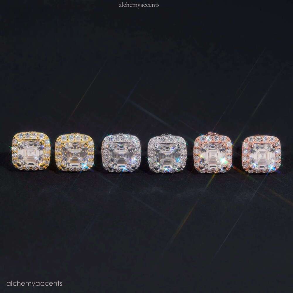 RTS Tester Certified Hip Hop Jewelry Sier Asscher Cut VVS Dia Moissanite Stud Fashion Earrings