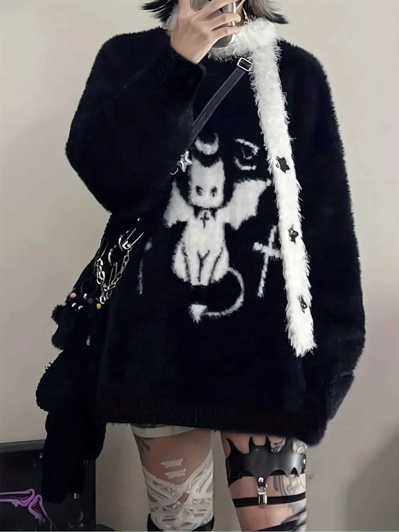 Harajuku Gothic Casual Oversized Knitted Jumpers Grunge Cartoon Sweater Fashion Knitwear Y2k Aesthetic Balack Loose Pullover M250904