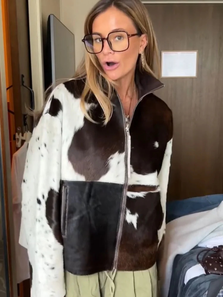 Cow Print Faux Fur Jacket Coat Women Oversized Zip Up Stand Collar Long Sleeve Vintage Streetwear Early Autumn Outerwear 250903
