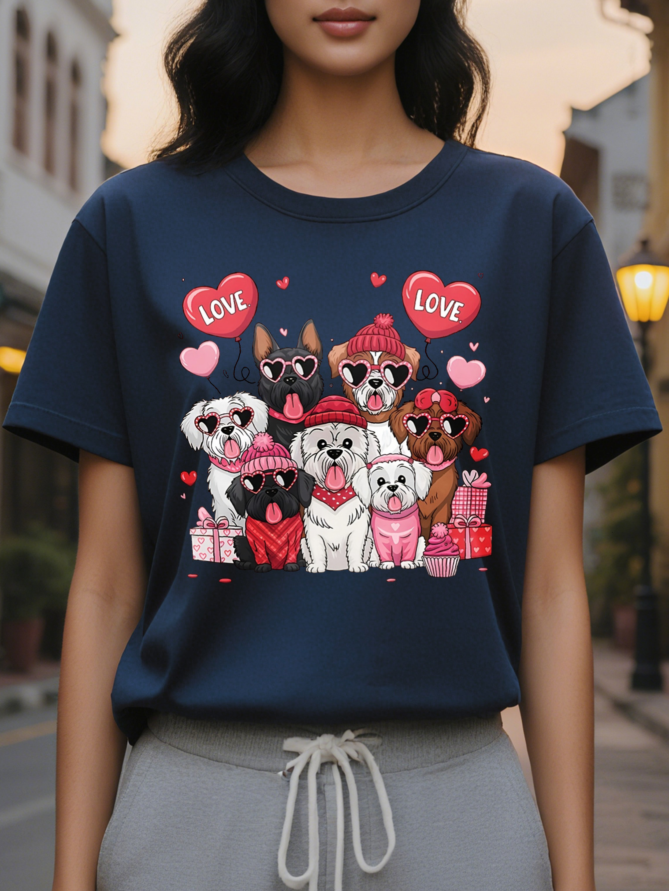 Love Puppy Graphic Print T-shirt Casual Short Sleeve Crew Neck Top for Spring Summer Women's Clothing