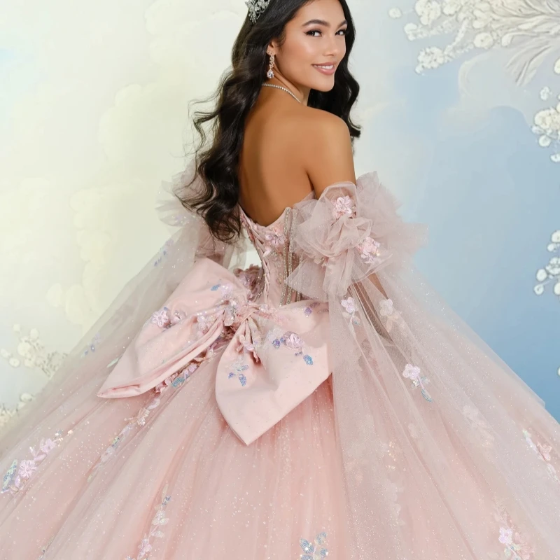 Pink Shiny Quinceanera Dresses Ball Gown Off The Shoulder Applique Lace Beads Tiered Tull Sweet 16 Dress Vestidos 15 De Anos